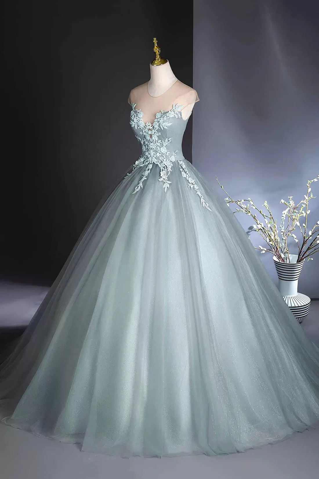 Elegant Tulle Lace Floor Length Prom Dress, Dusty Green Formal Evening Dress