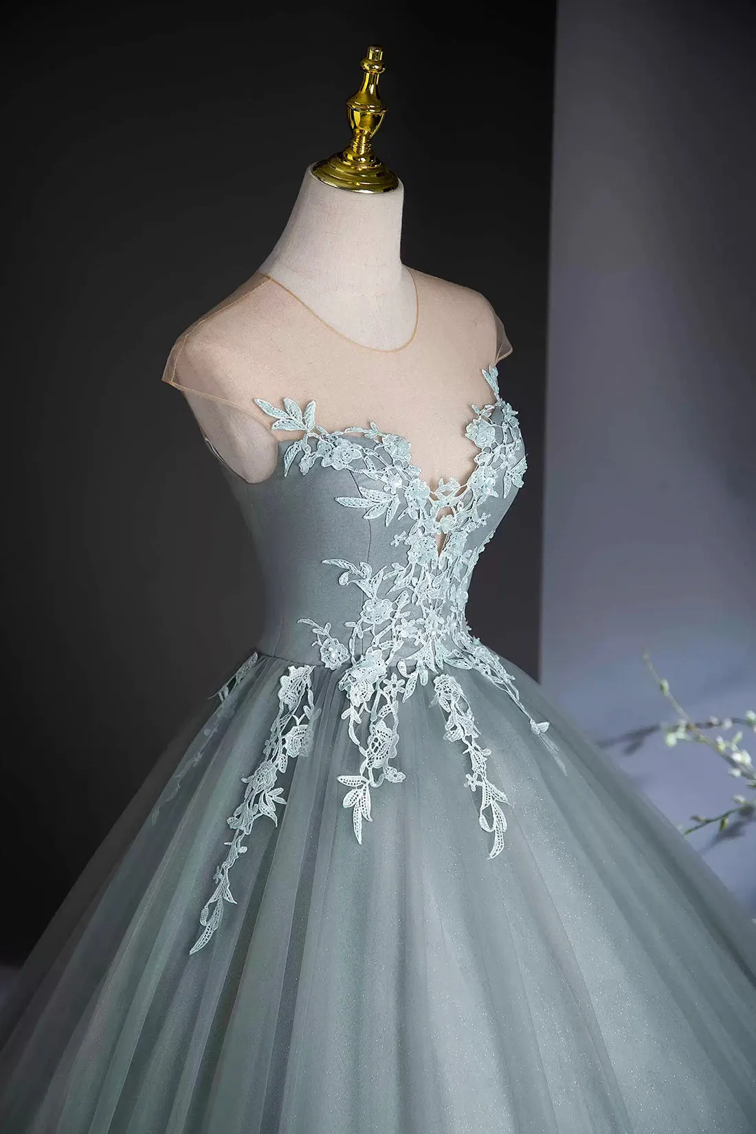 Elegant Tulle Lace Floor Length Prom Dress, Dusty Green Formal Evening Dress