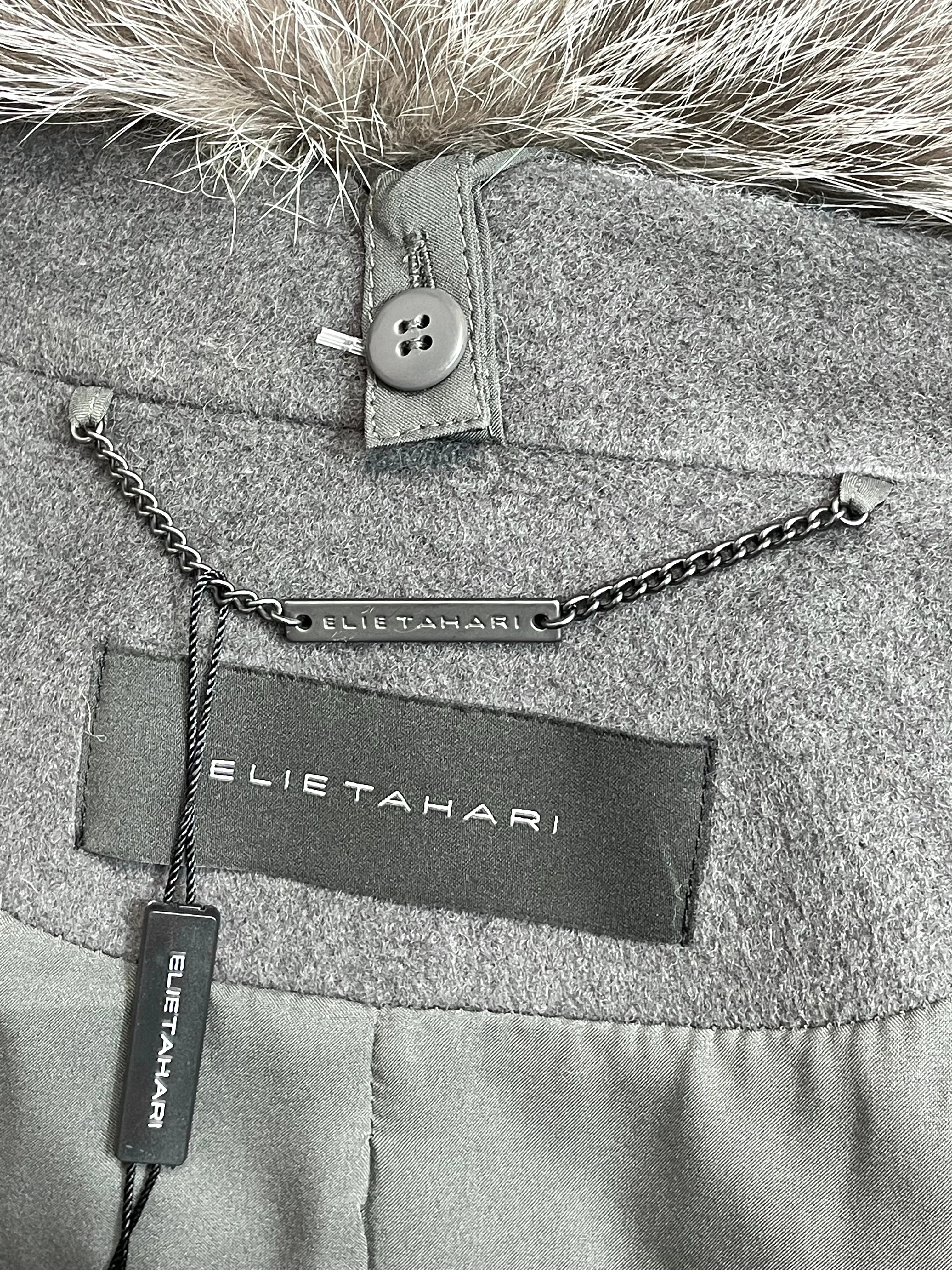 Elie Tahari Grey Women’s Wrap Coat with Genuine Fox Fur Trim M