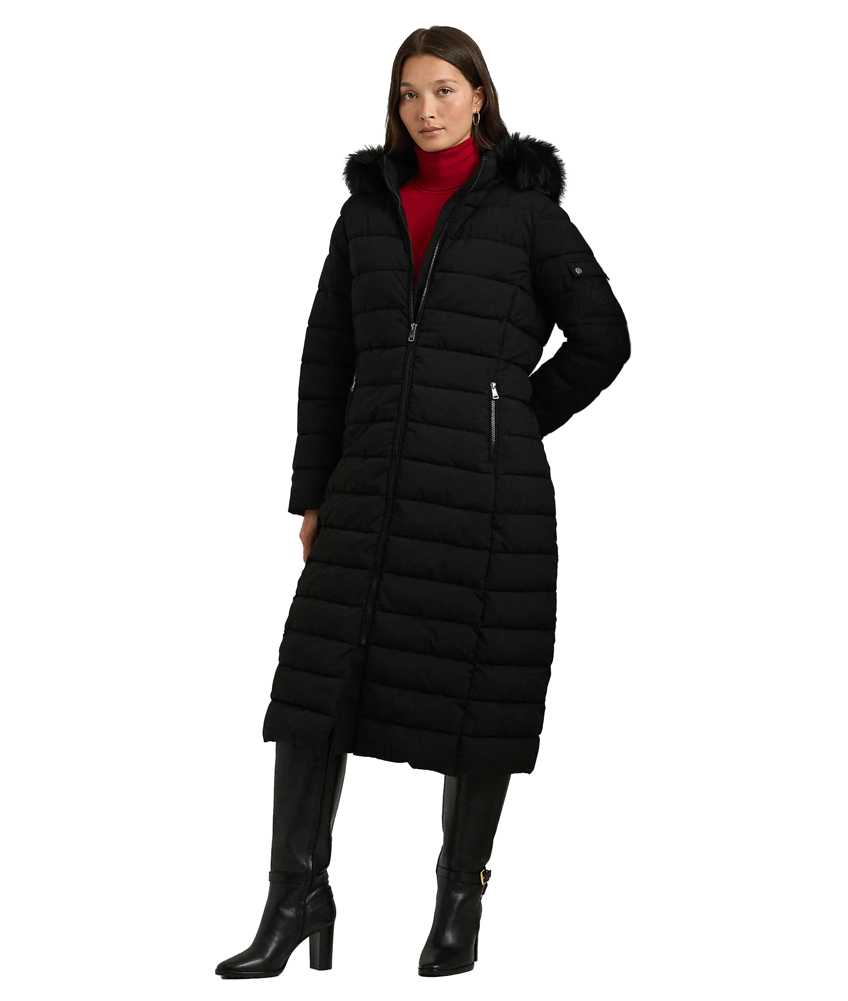 Faux-fur-trim Quilted Hooded Coat - Black