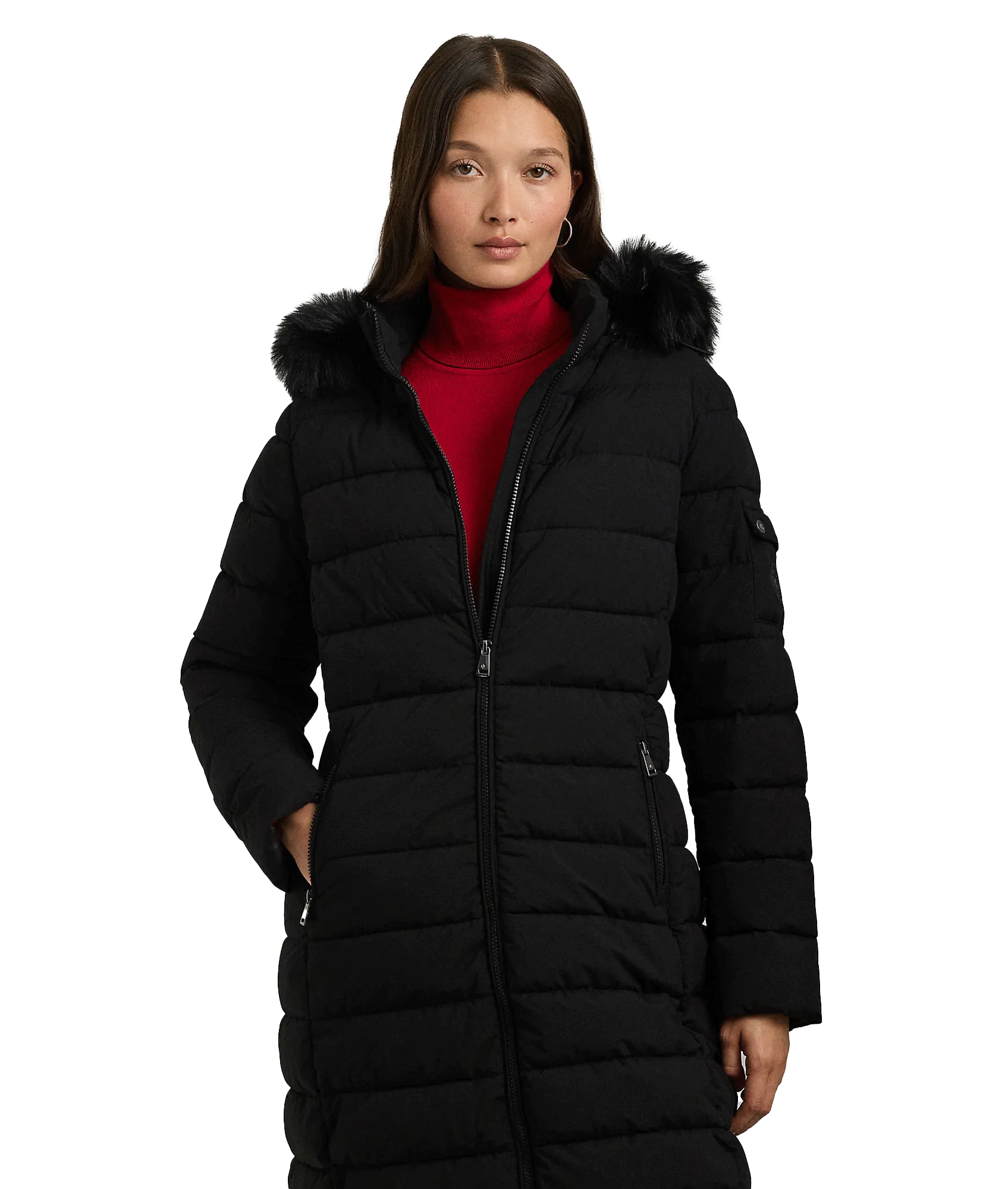 Faux-fur-trim Quilted Hooded Coat - Black