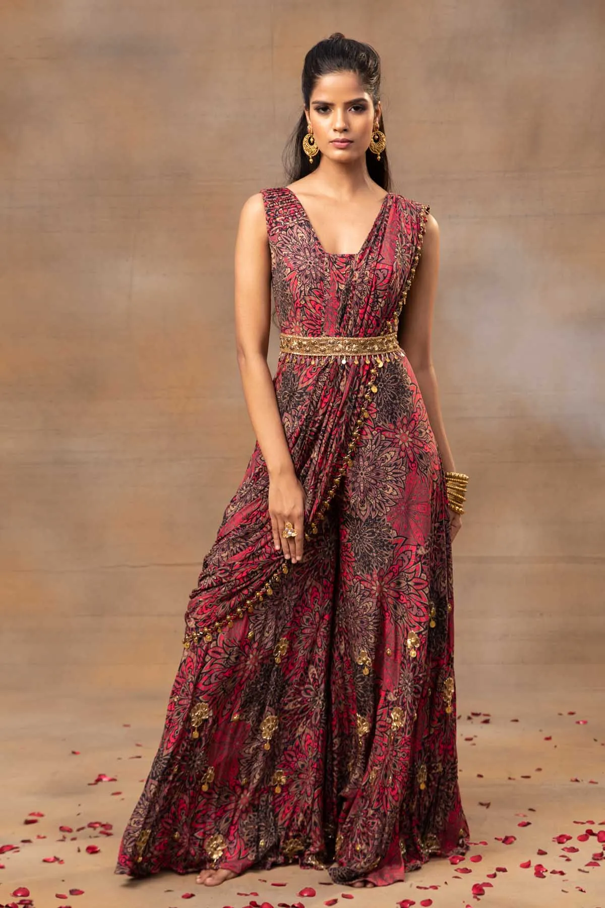 Floral Draped Red Jumpsuit