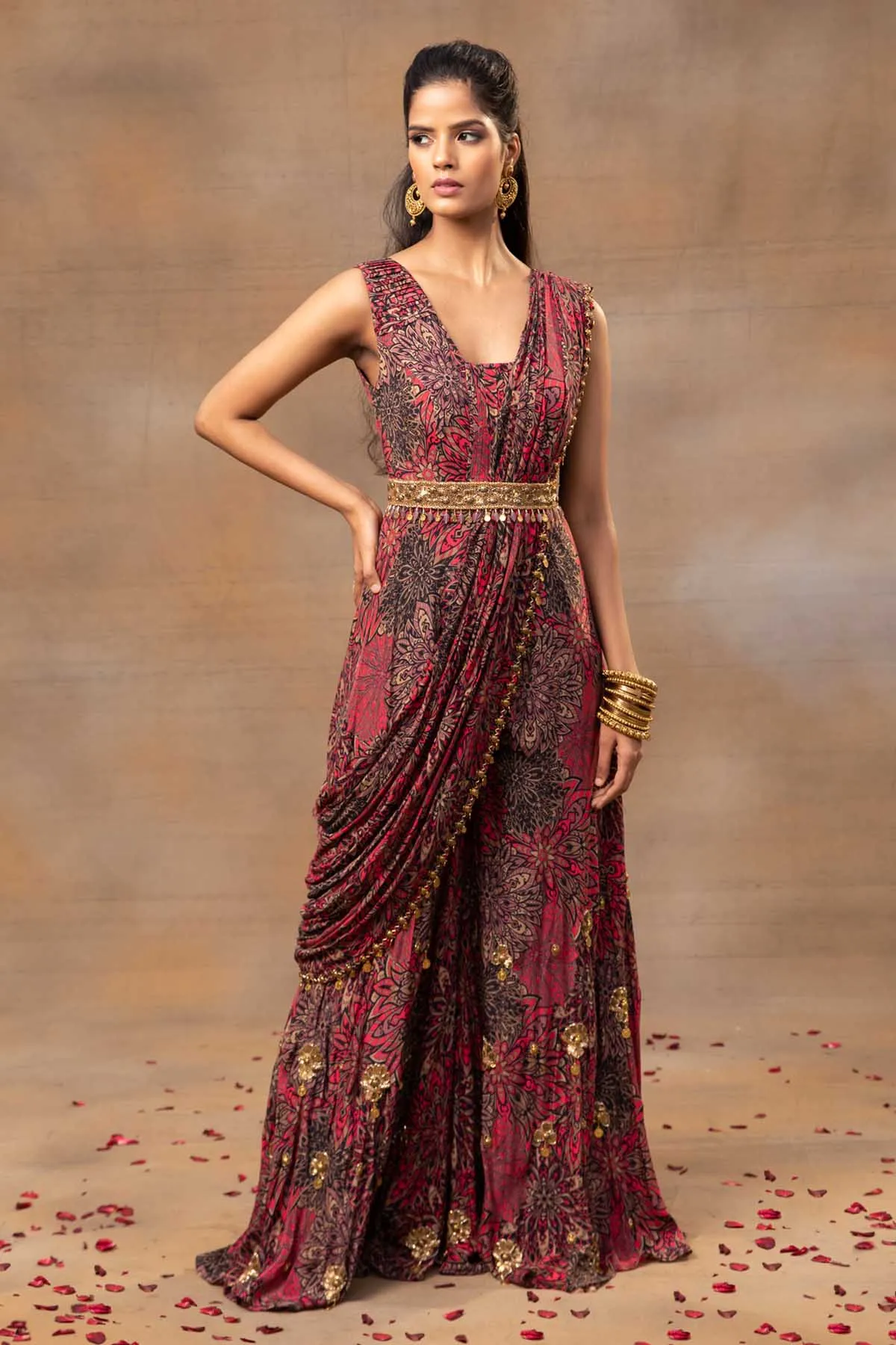 Floral Draped Red Jumpsuit