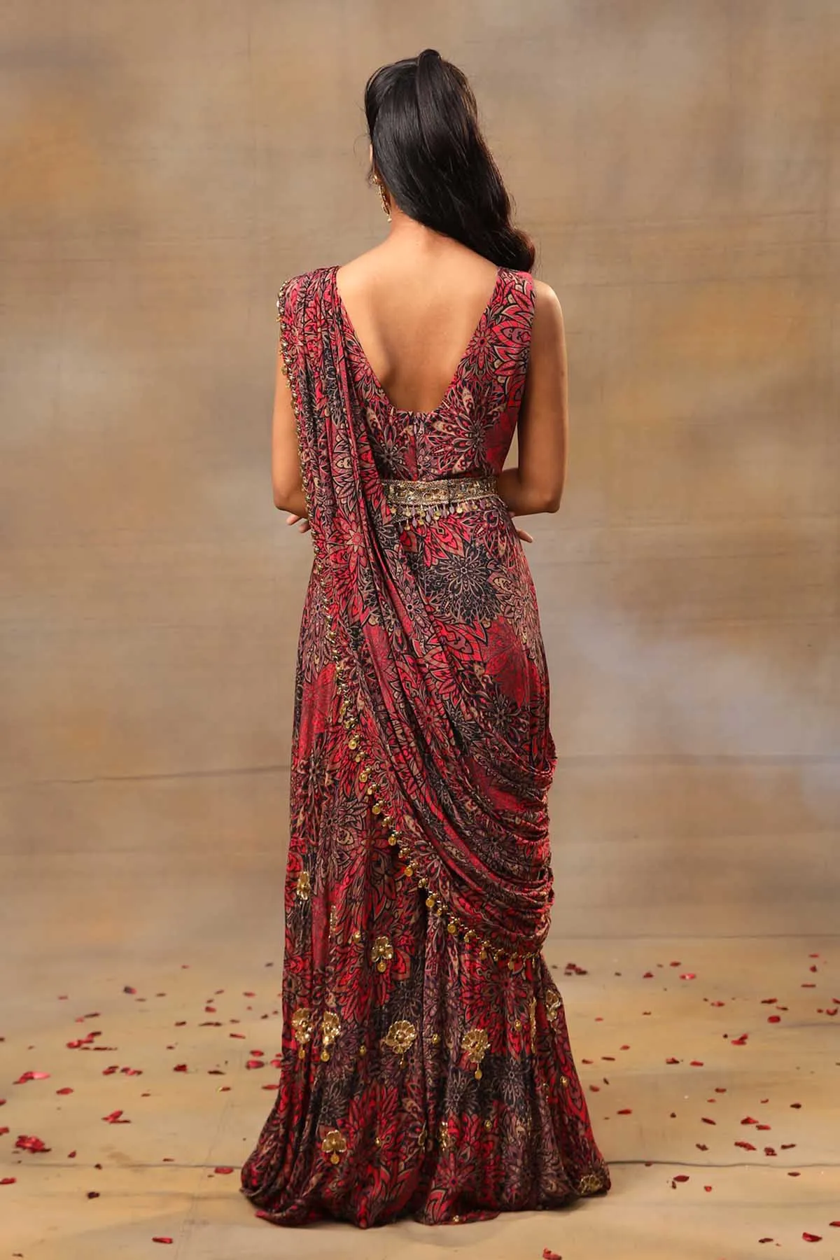 Floral Draped Red Jumpsuit