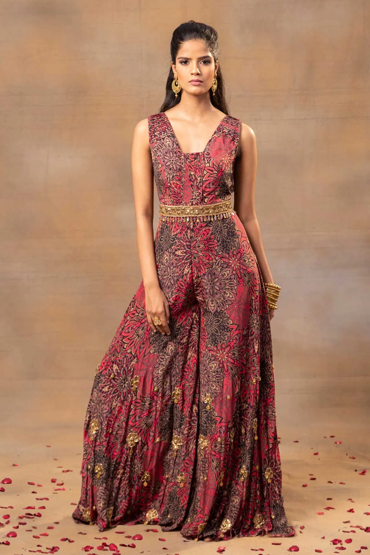 Floral Flared Red Jumpsuit
