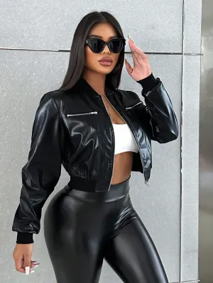 Foxxy Women's High-End Streetwear PU Leather Zipper Jacket for Fall and Winter