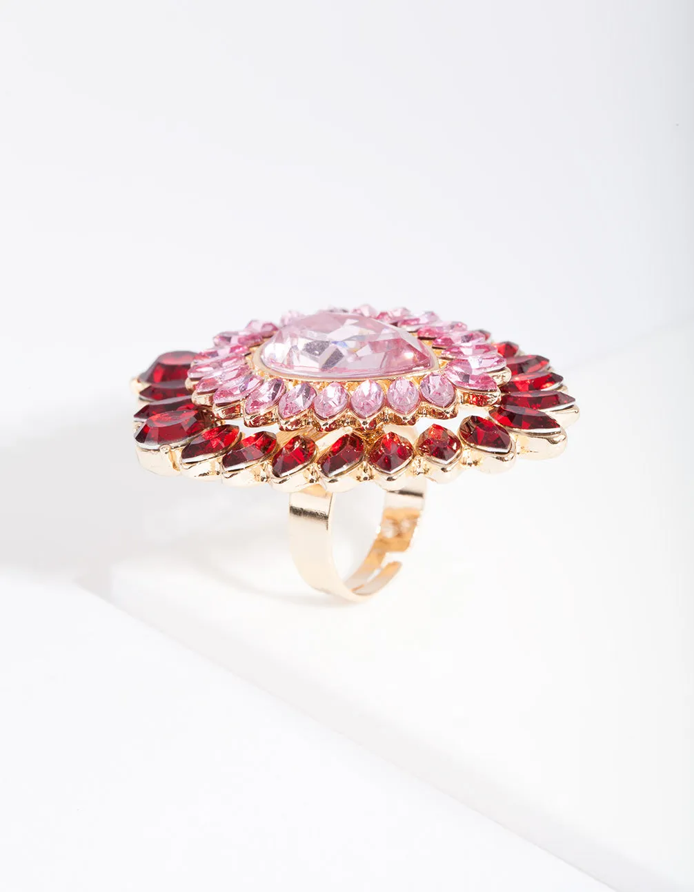 Gold Pink & Red Diamante Ring
