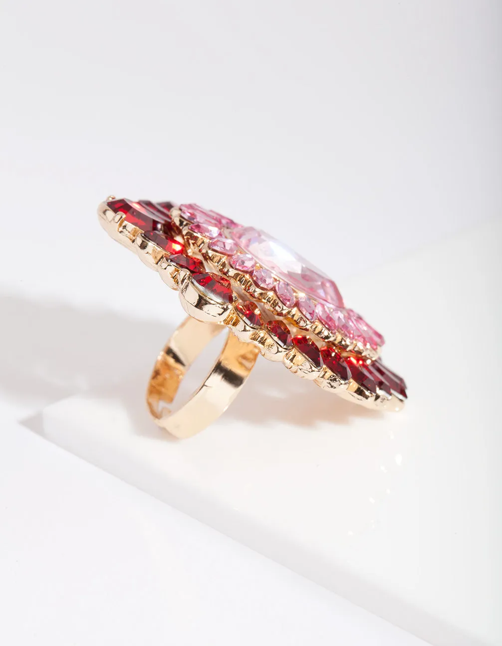 Gold Pink & Red Diamante Ring
