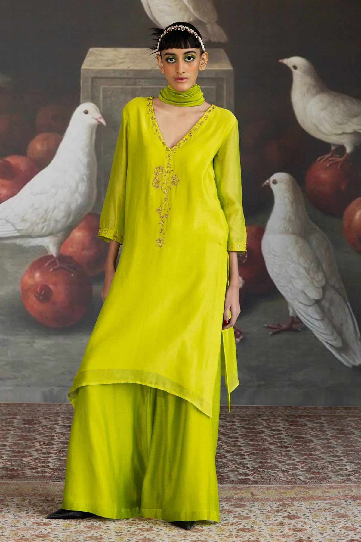 Green Chanderi Flared Pants