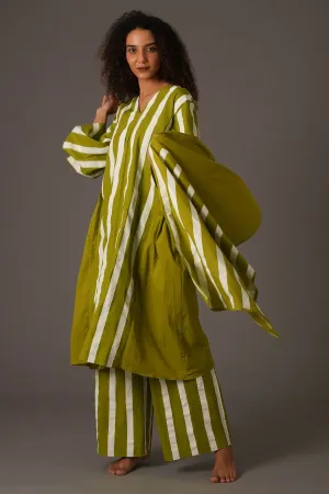 Green Flared Stripes Kurta Set