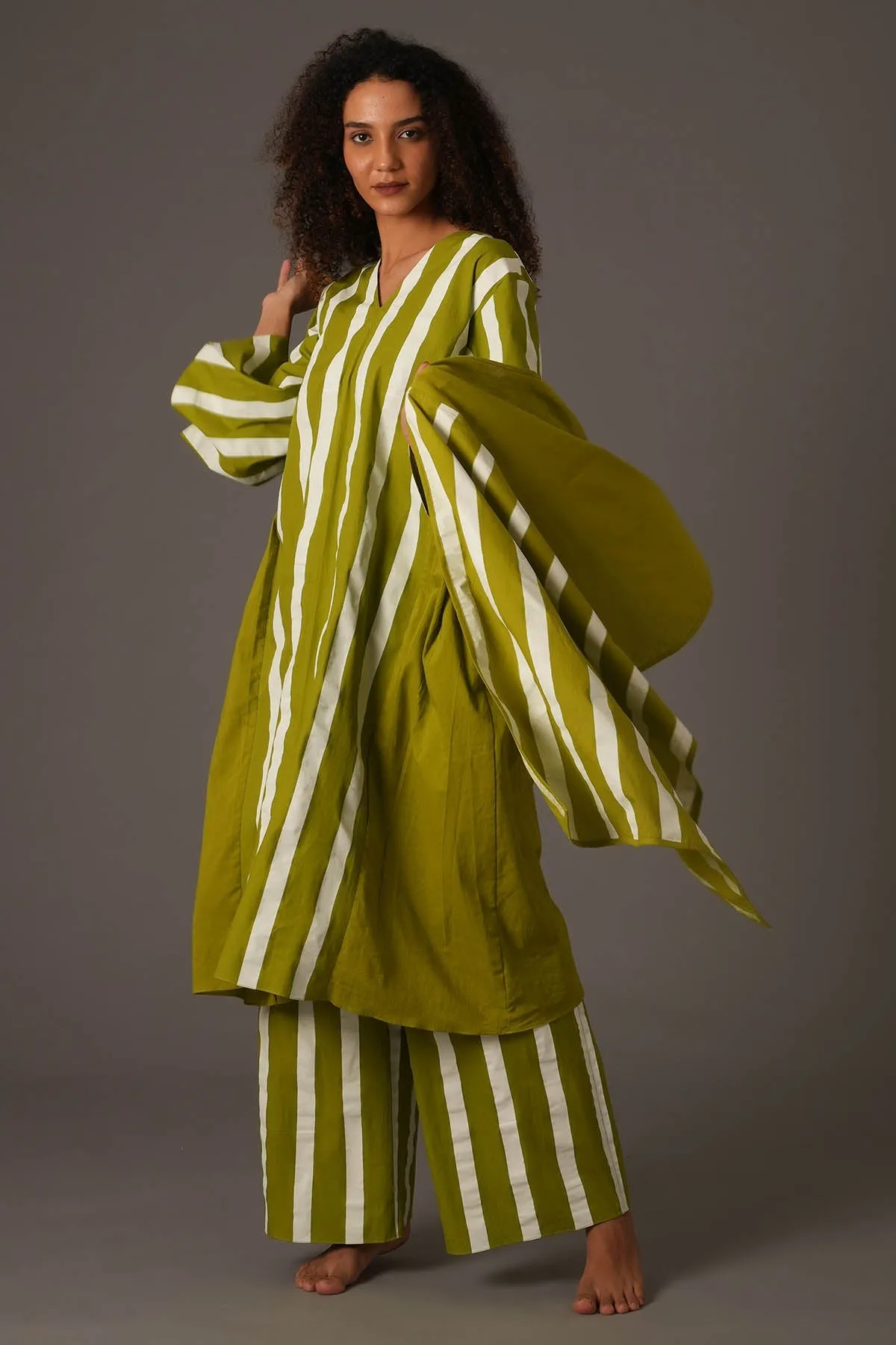 Green Flared Stripes Kurta Set