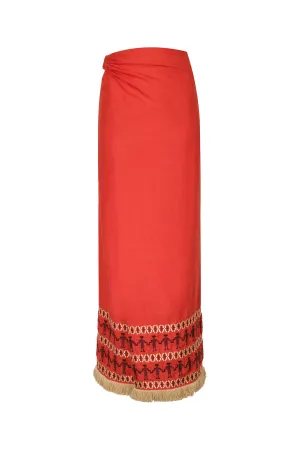 Guainia Linen Midi Skirt / Red Embroidered