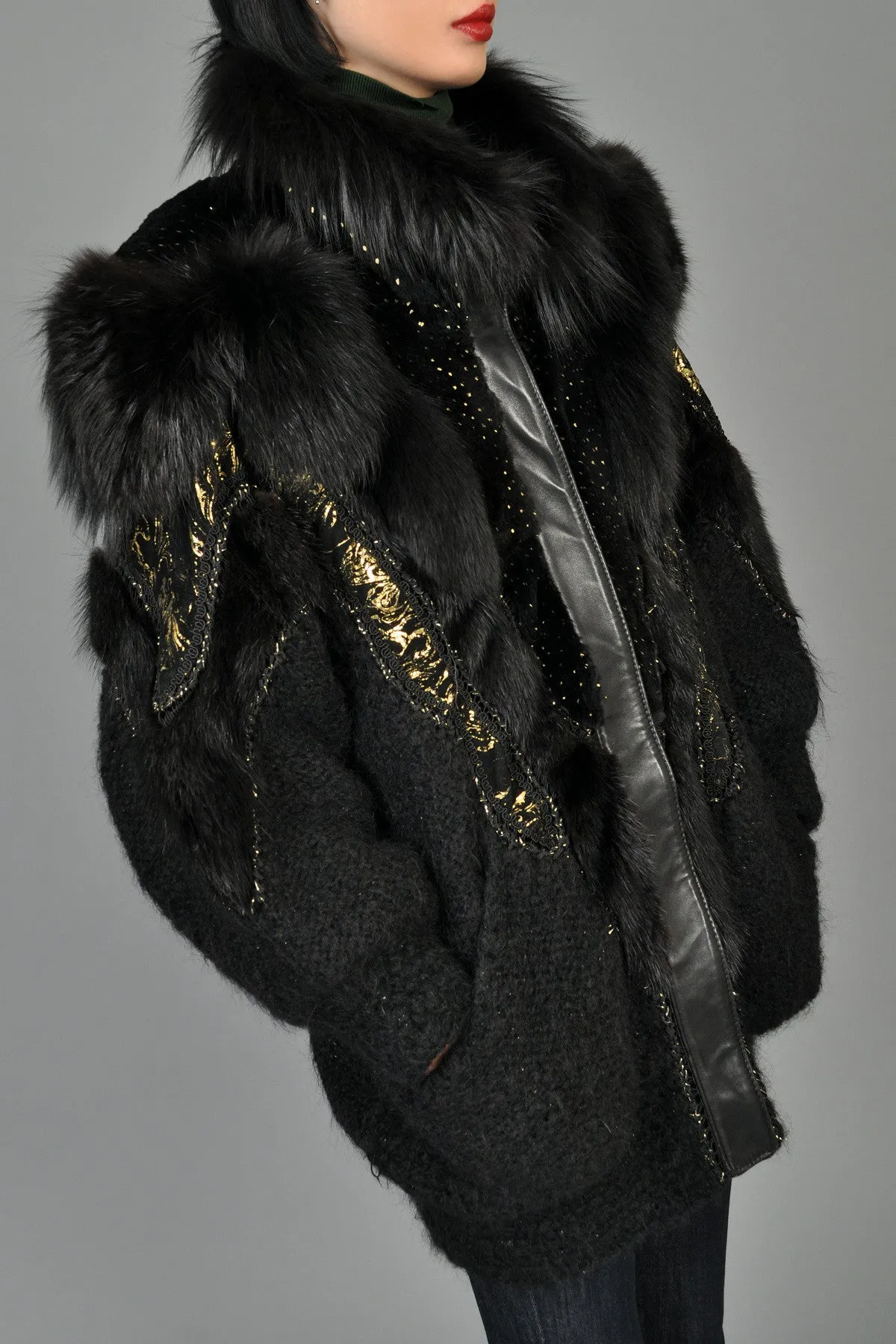 Hand-Painted Mohair Coat w/Leather   Fur Trim