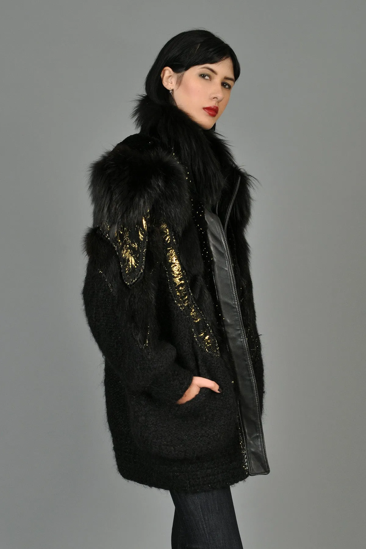 Hand-Painted Mohair Coat w/Leather   Fur Trim