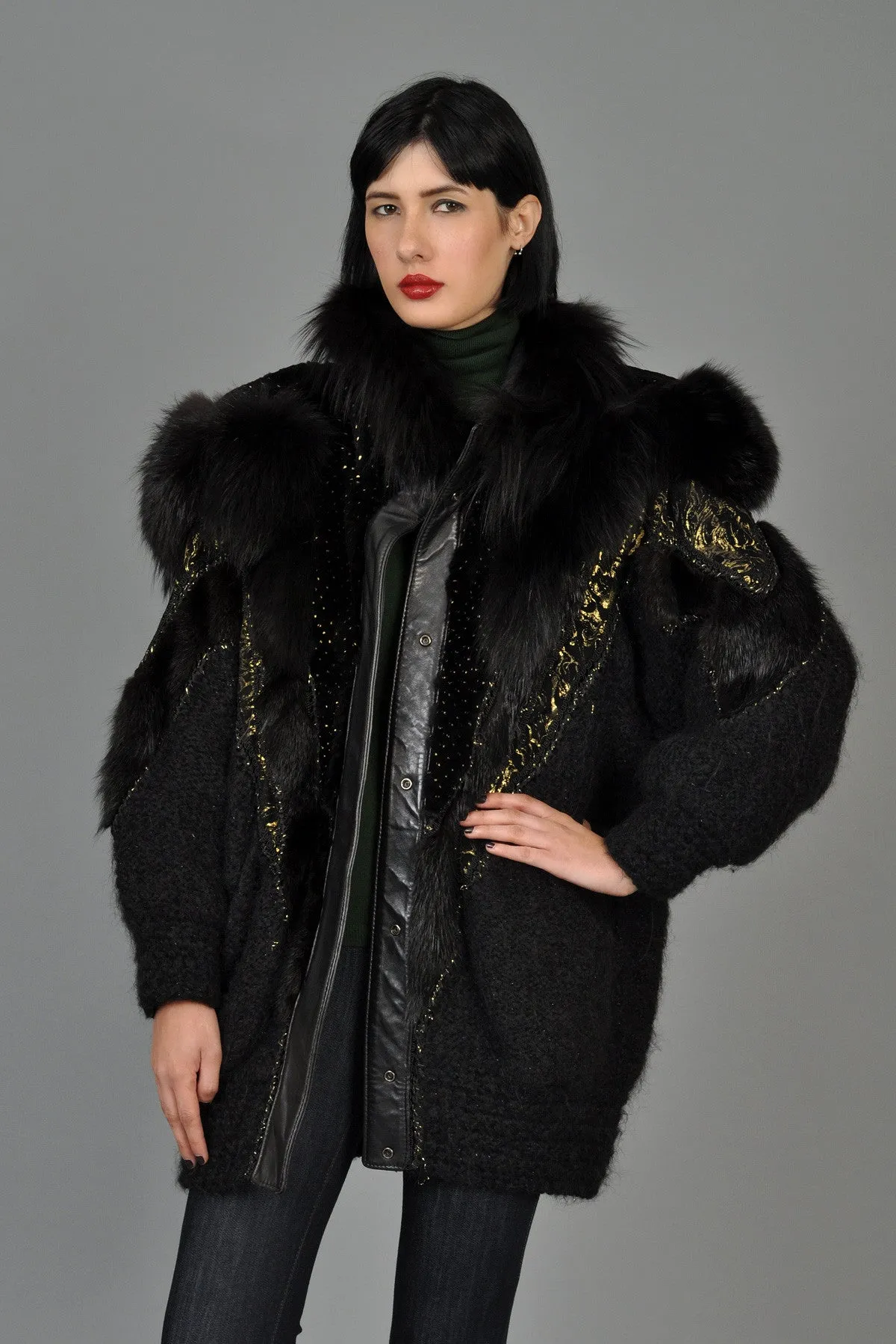 Hand-Painted Mohair Coat w/Leather   Fur Trim