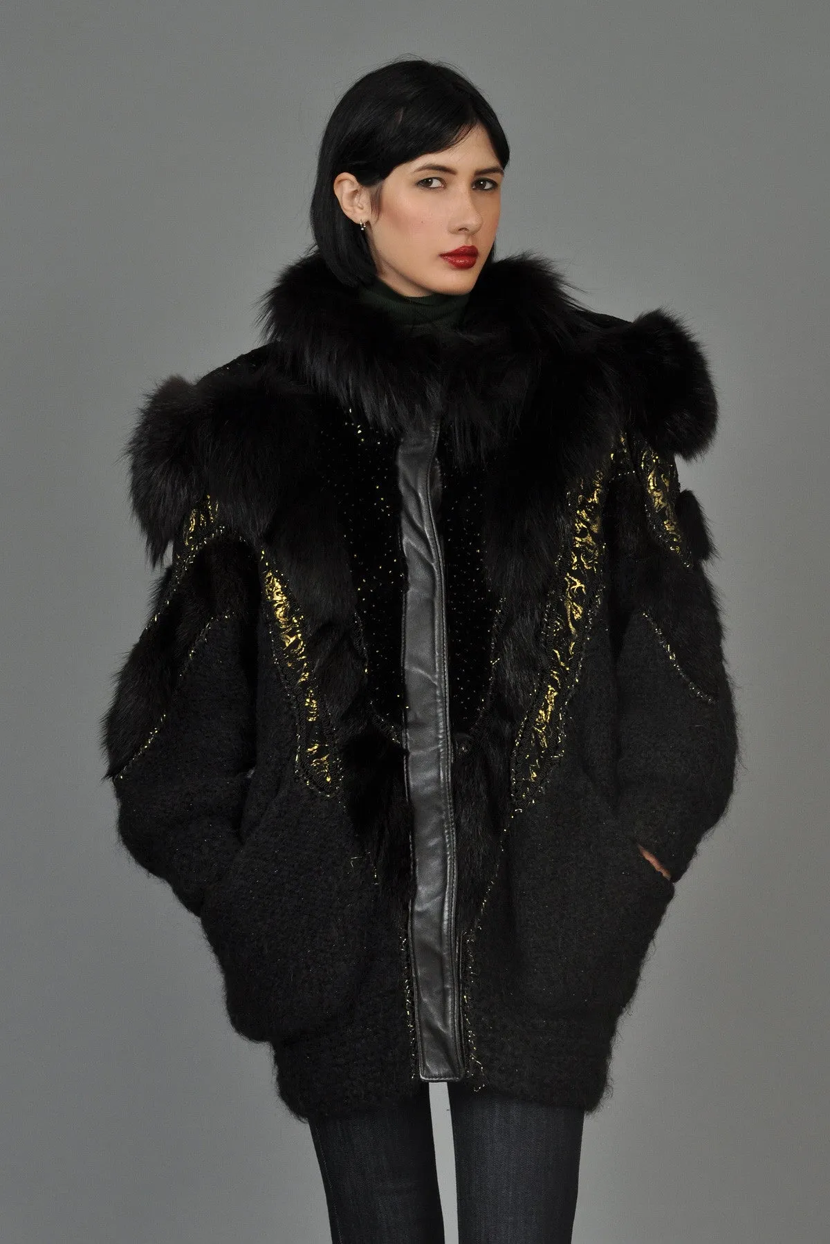 Hand-Painted Mohair Coat w/Leather   Fur Trim