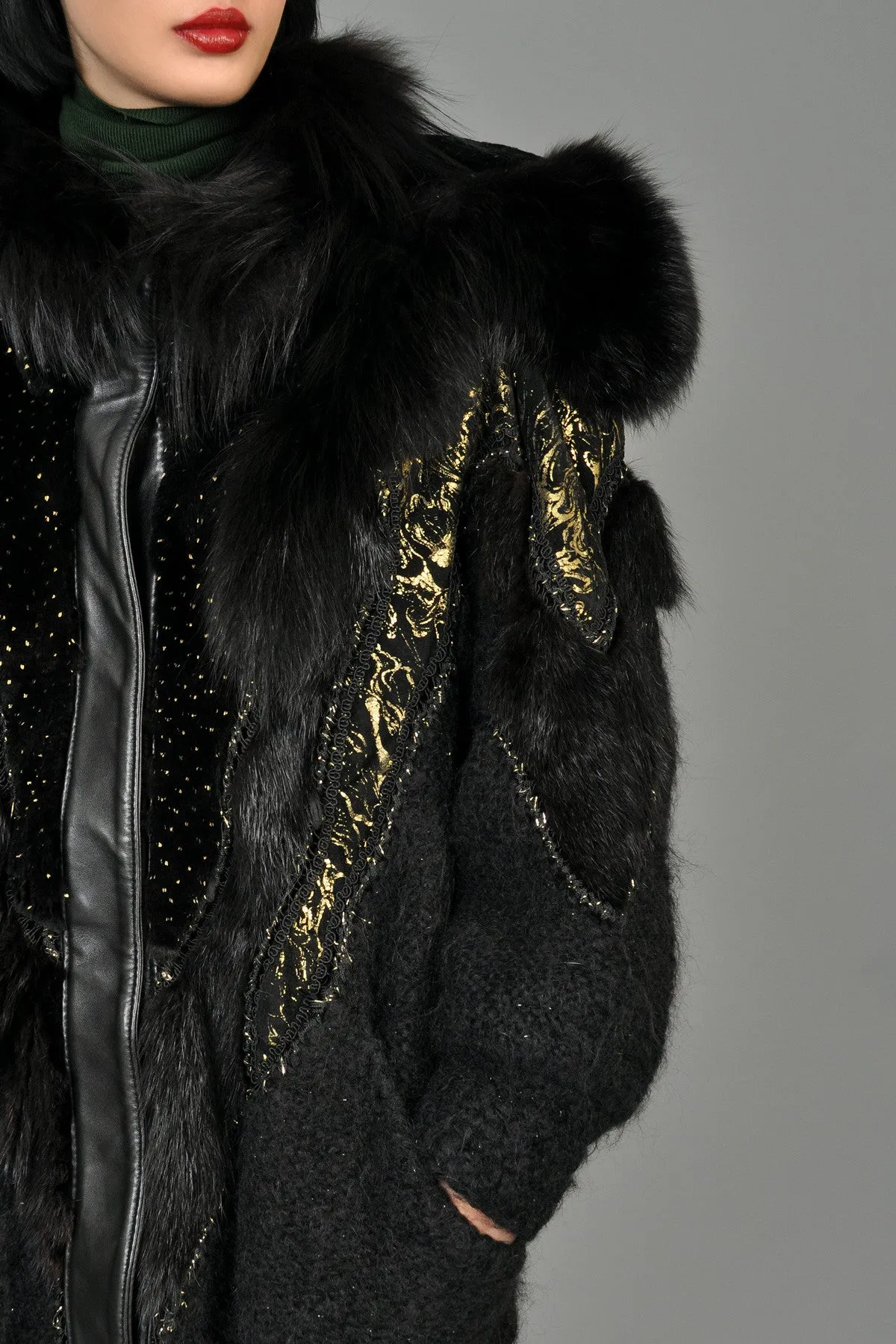 Hand-Painted Mohair Coat w/Leather   Fur Trim