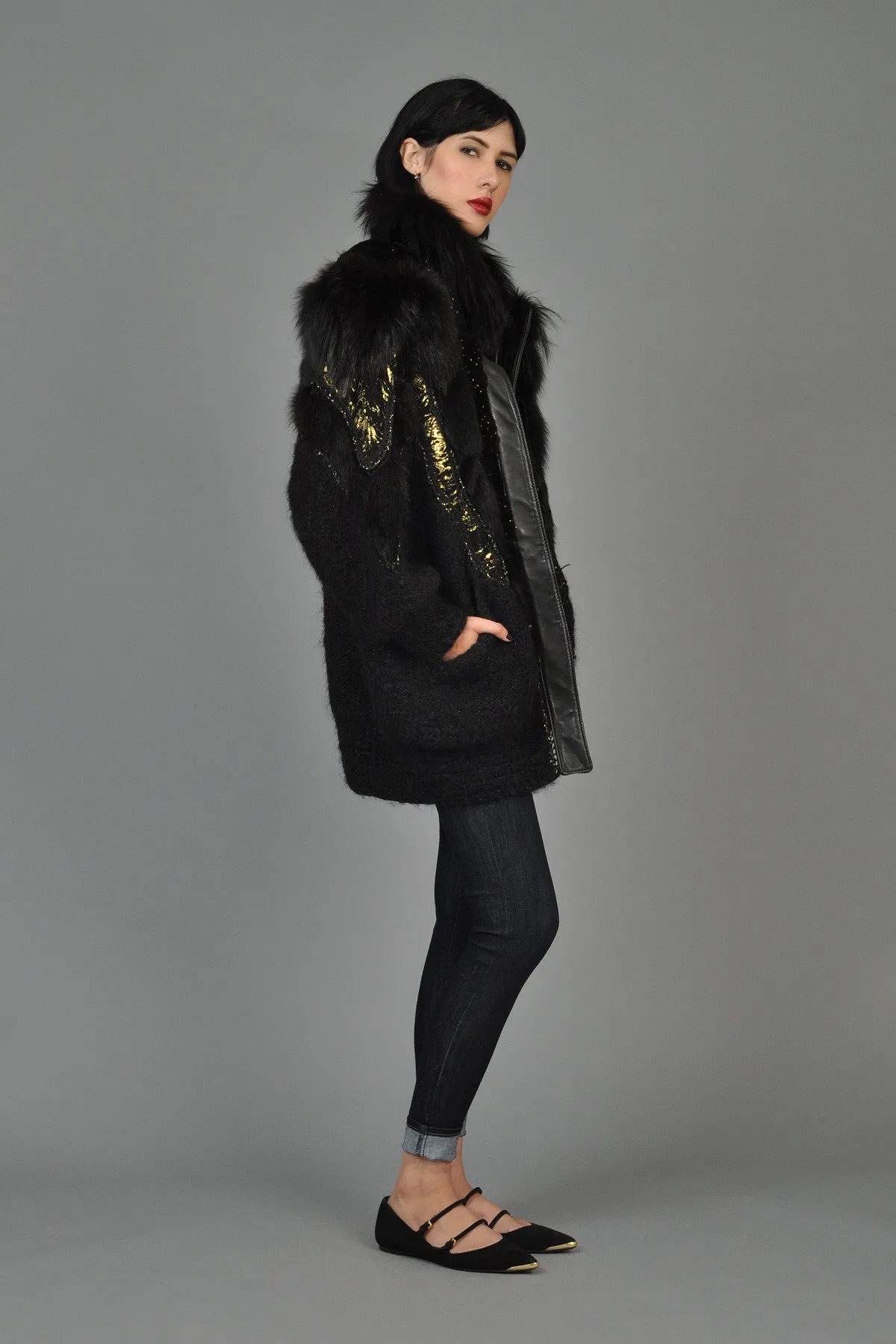 Hand-Painted Mohair Coat w/Leather   Fur Trim