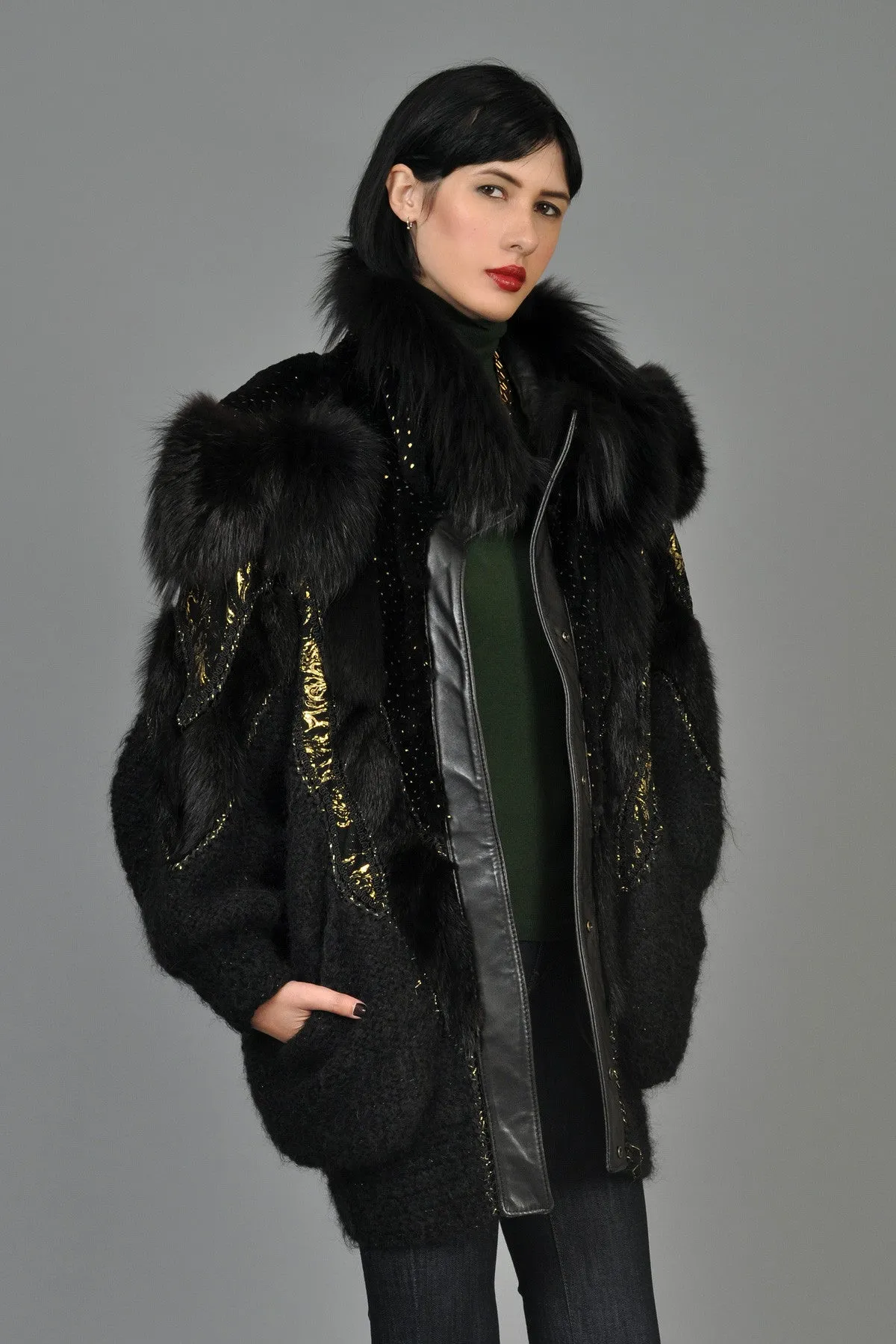 Hand-Painted Mohair Coat w/Leather   Fur Trim