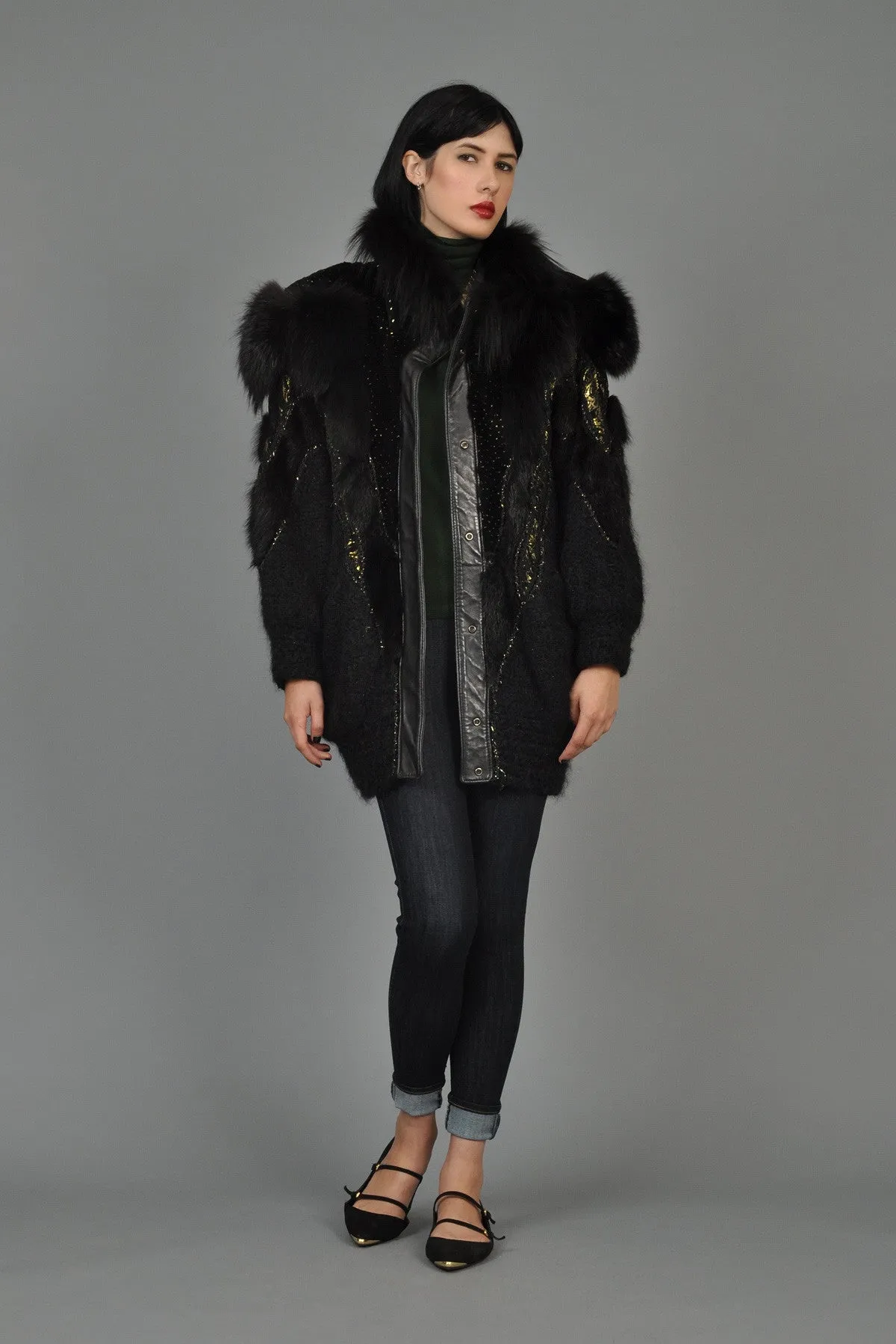 Hand-Painted Mohair Coat w/Leather   Fur Trim
