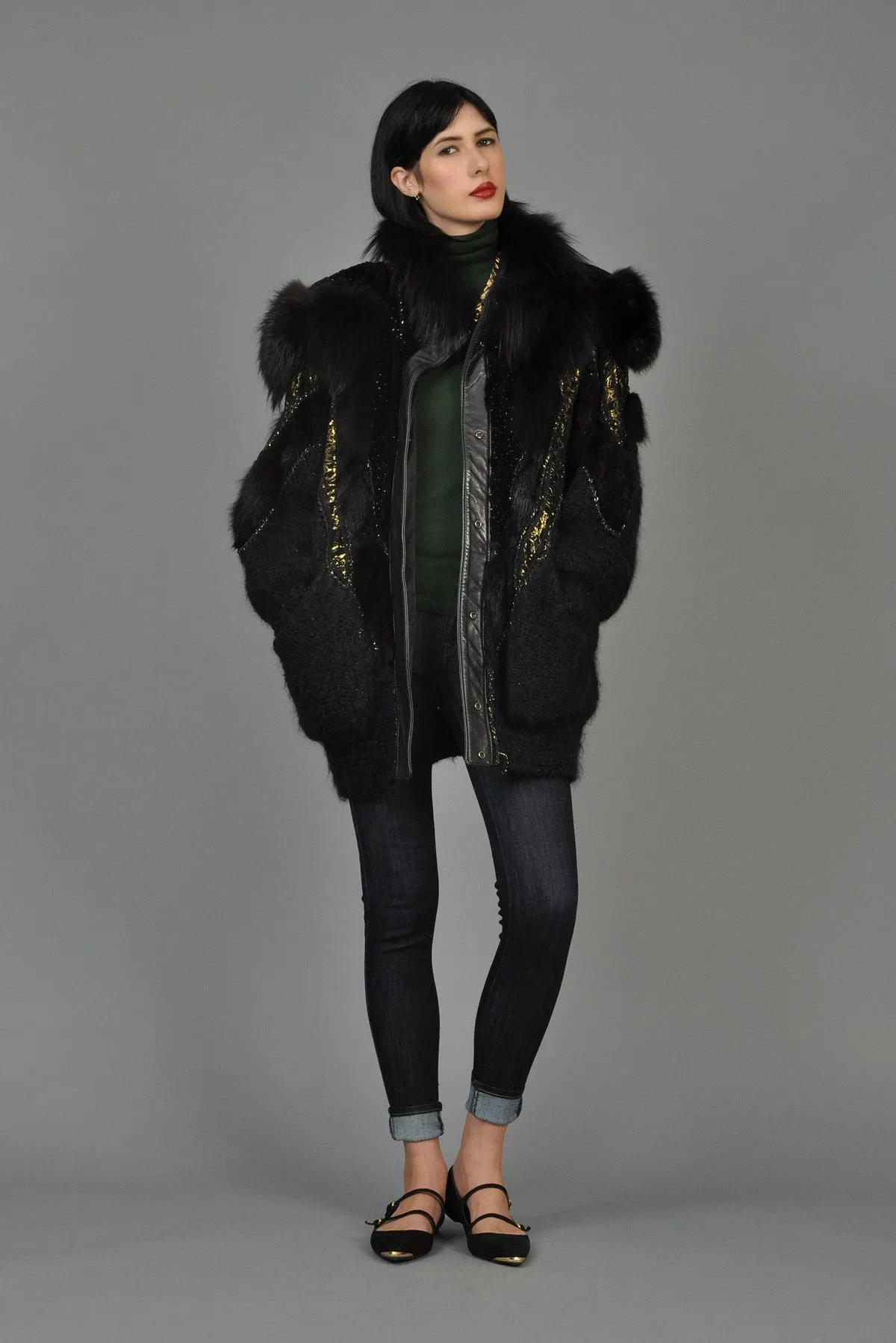 Hand-Painted Mohair Coat w/Leather   Fur Trim