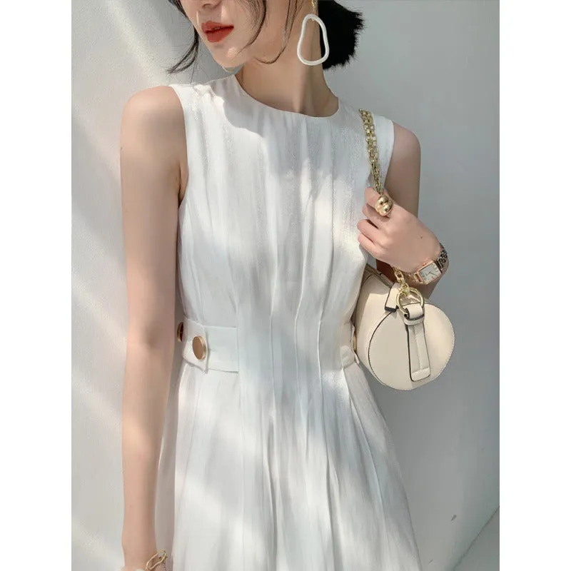High Waist French Style Chic Shiny Satin Short Sleeve Dress