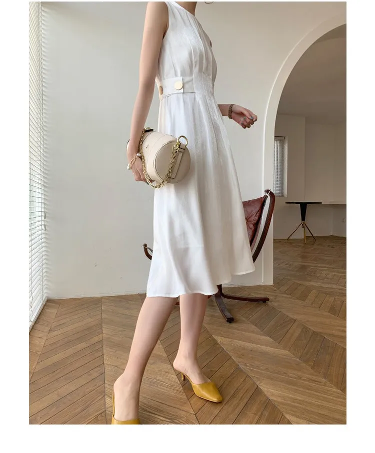 High Waist French Style Chic Shiny Satin Short Sleeve Dress