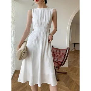 High Waist French Style Chic Shiny Satin Short Sleeve Dress