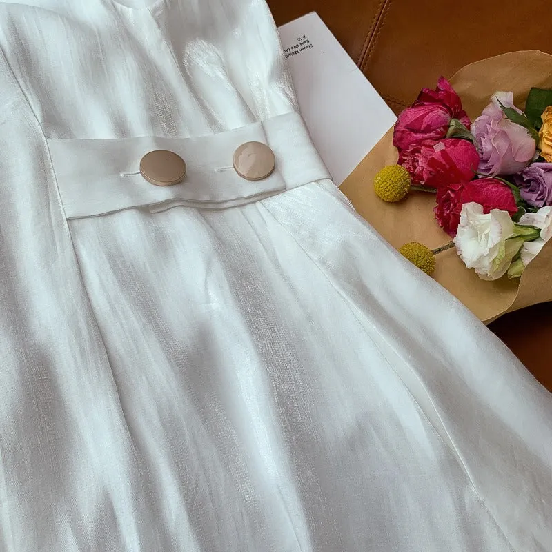 High Waist French Style Chic Shiny Satin Short Sleeve Dress