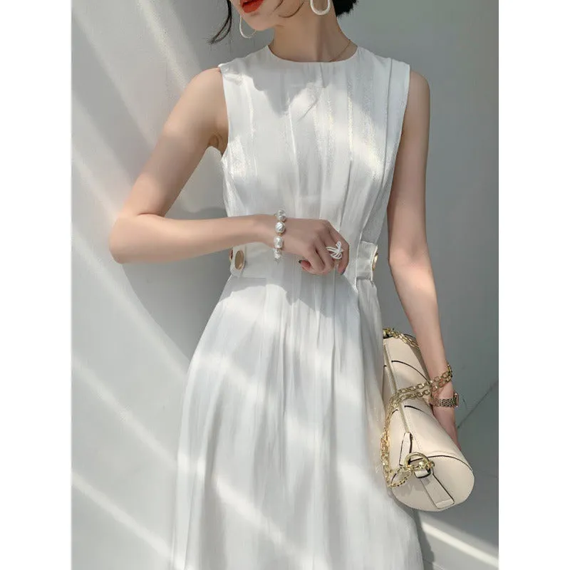 High Waist French Style Chic Shiny Satin Short Sleeve Dress