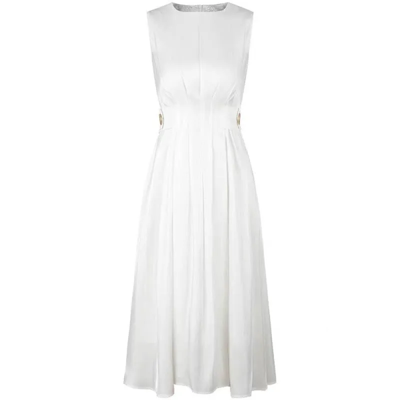 High Waist French Style Chic Shiny Satin Short Sleeve Dress