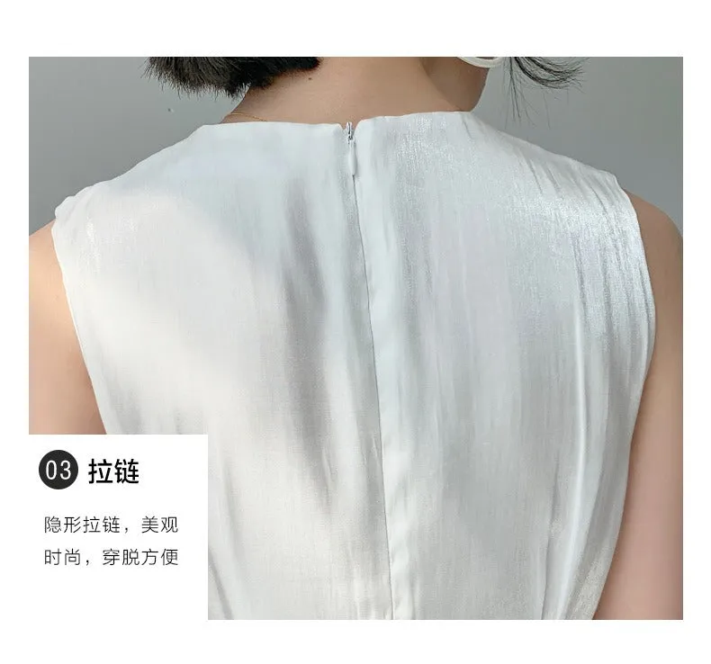 High Waist French Style Chic Shiny Satin Short Sleeve Dress