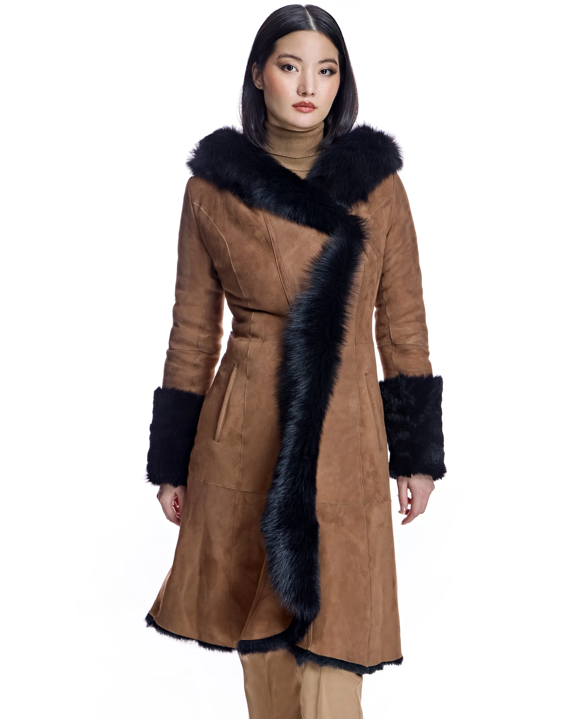 Hooded Shearling Short Coat with Ruffle Trim