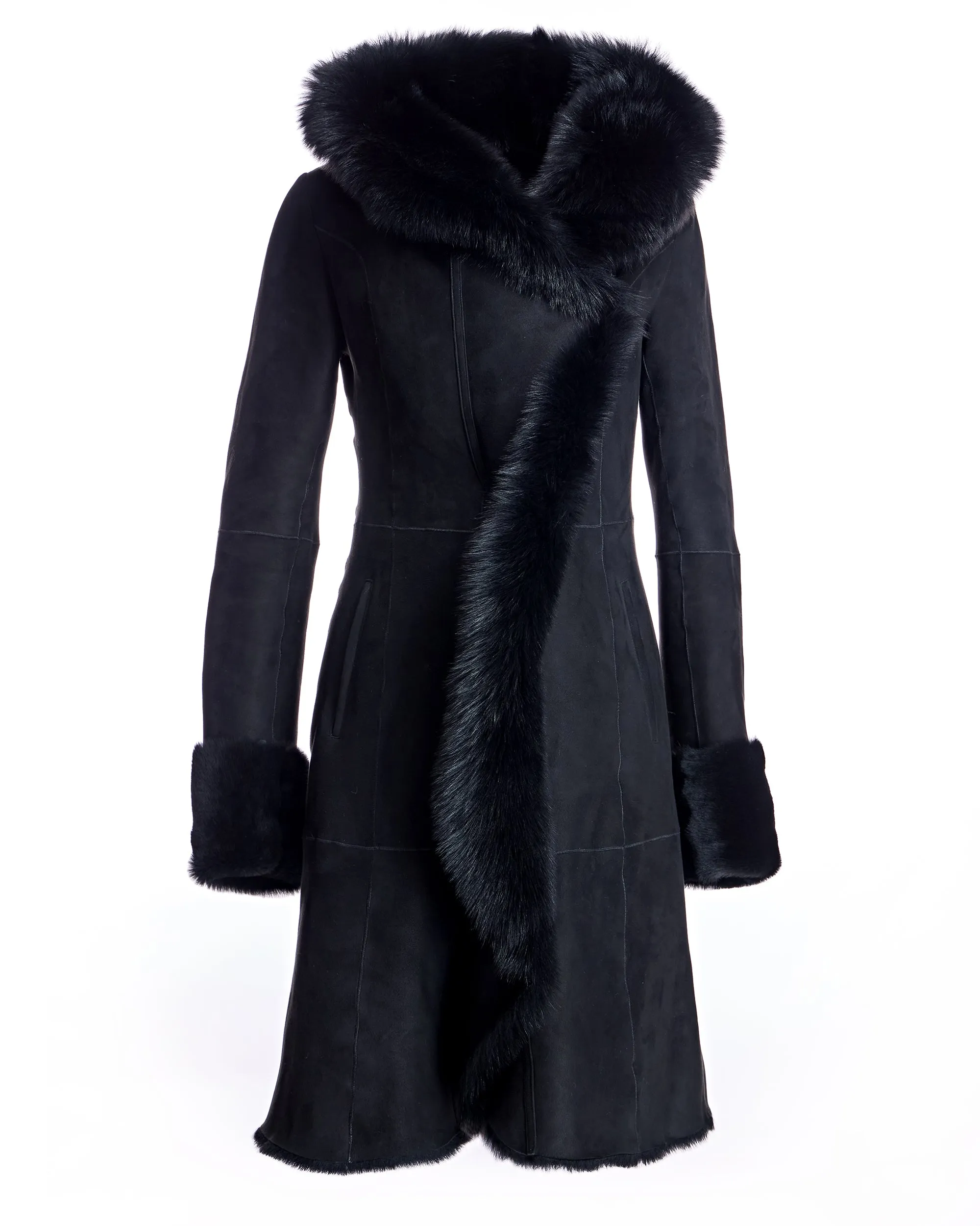 Hooded Shearling Short Coat with Ruffle Trim