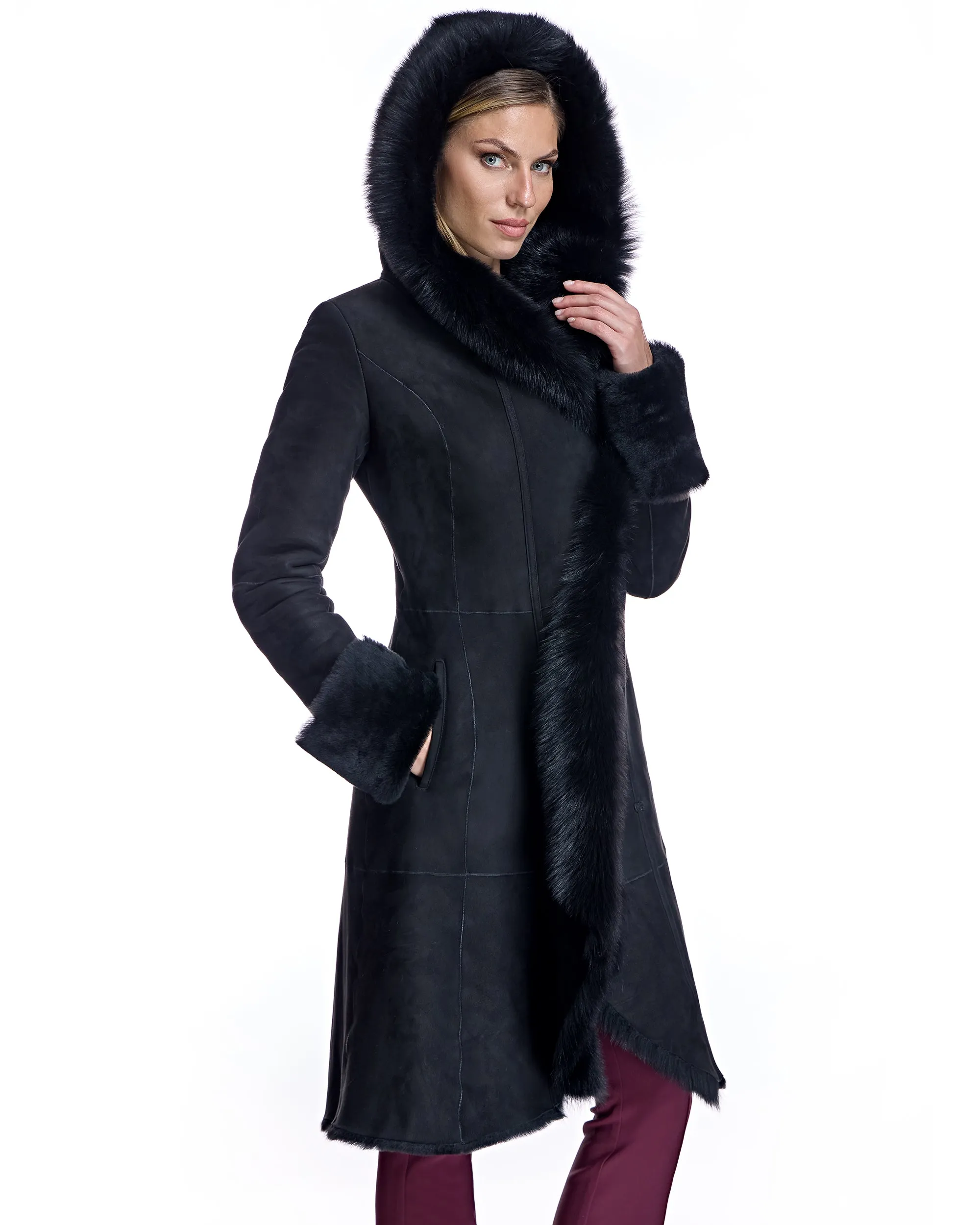 Hooded Shearling Short Coat with Ruffle Trim