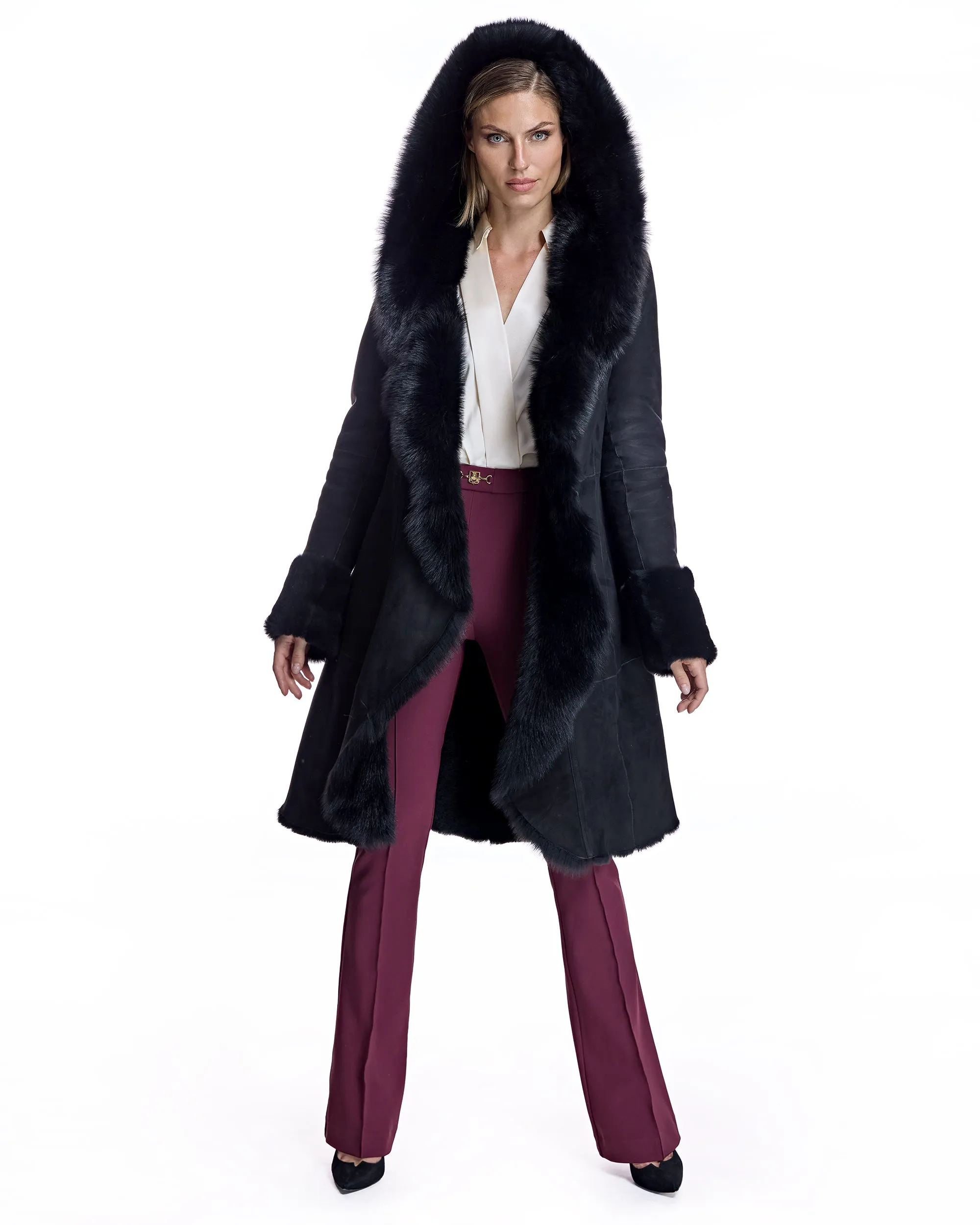 Hooded Shearling Short Coat with Ruffle Trim