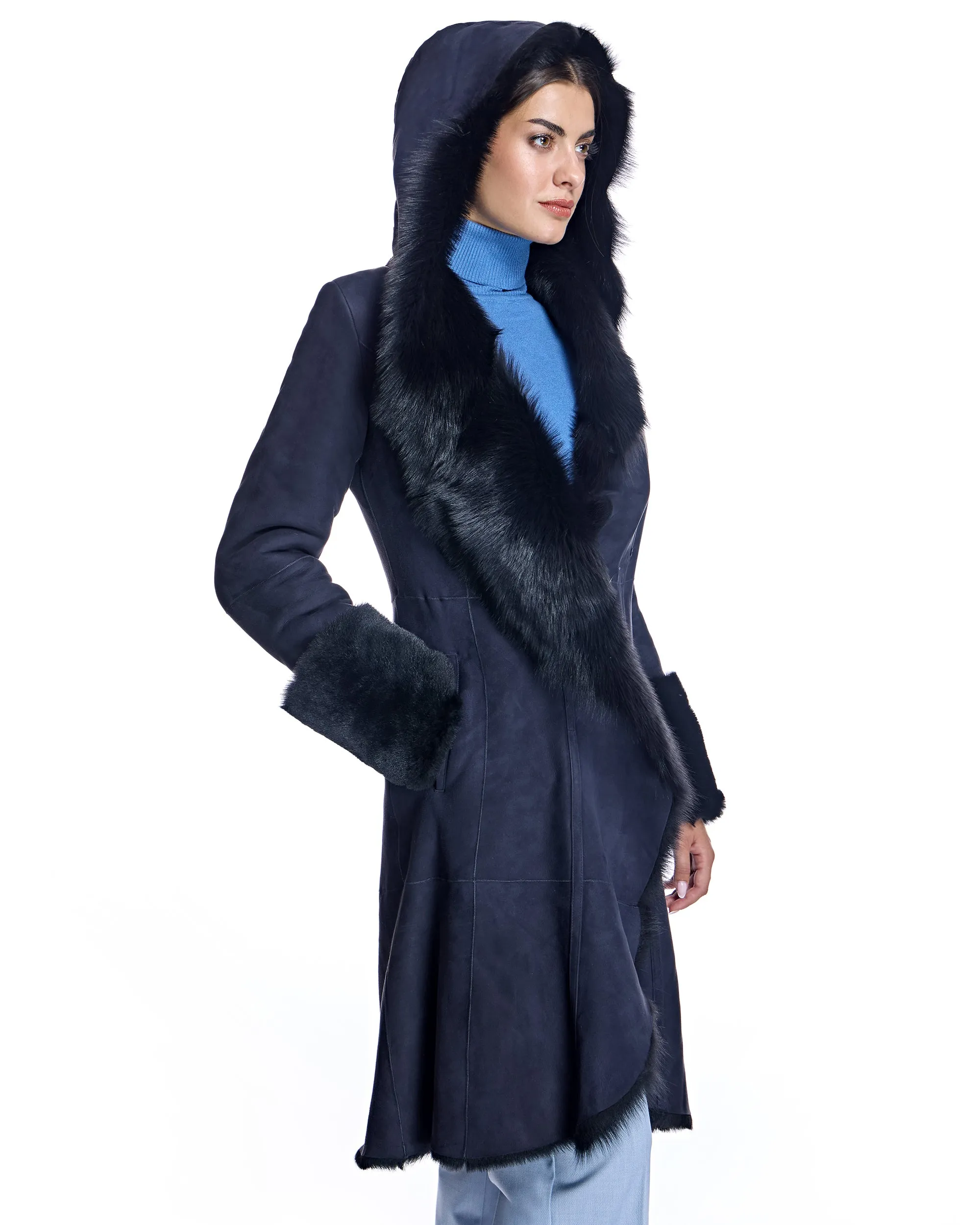 Hooded Shearling Short Coat with Ruffle Trim