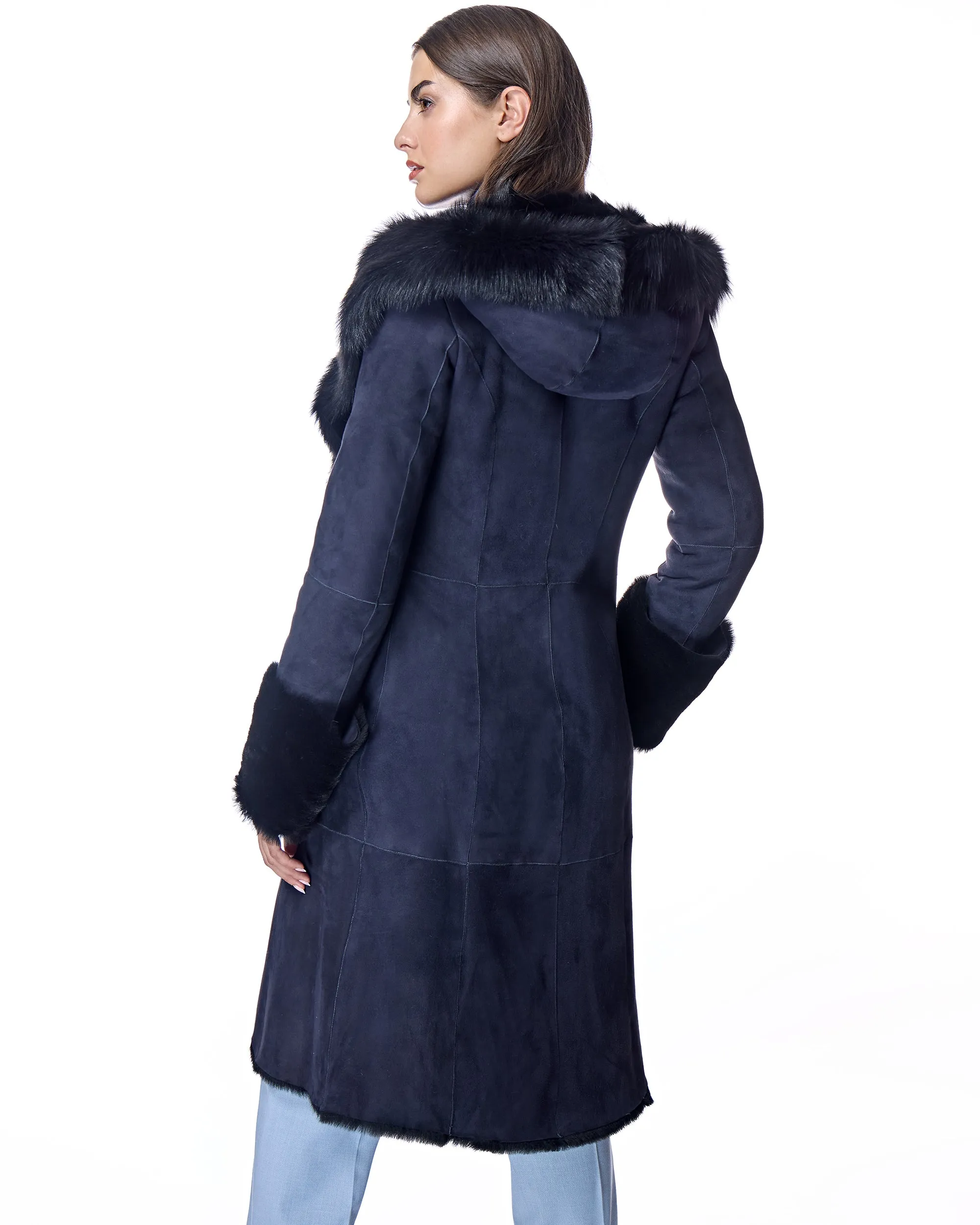 Hooded Shearling Short Coat with Ruffle Trim