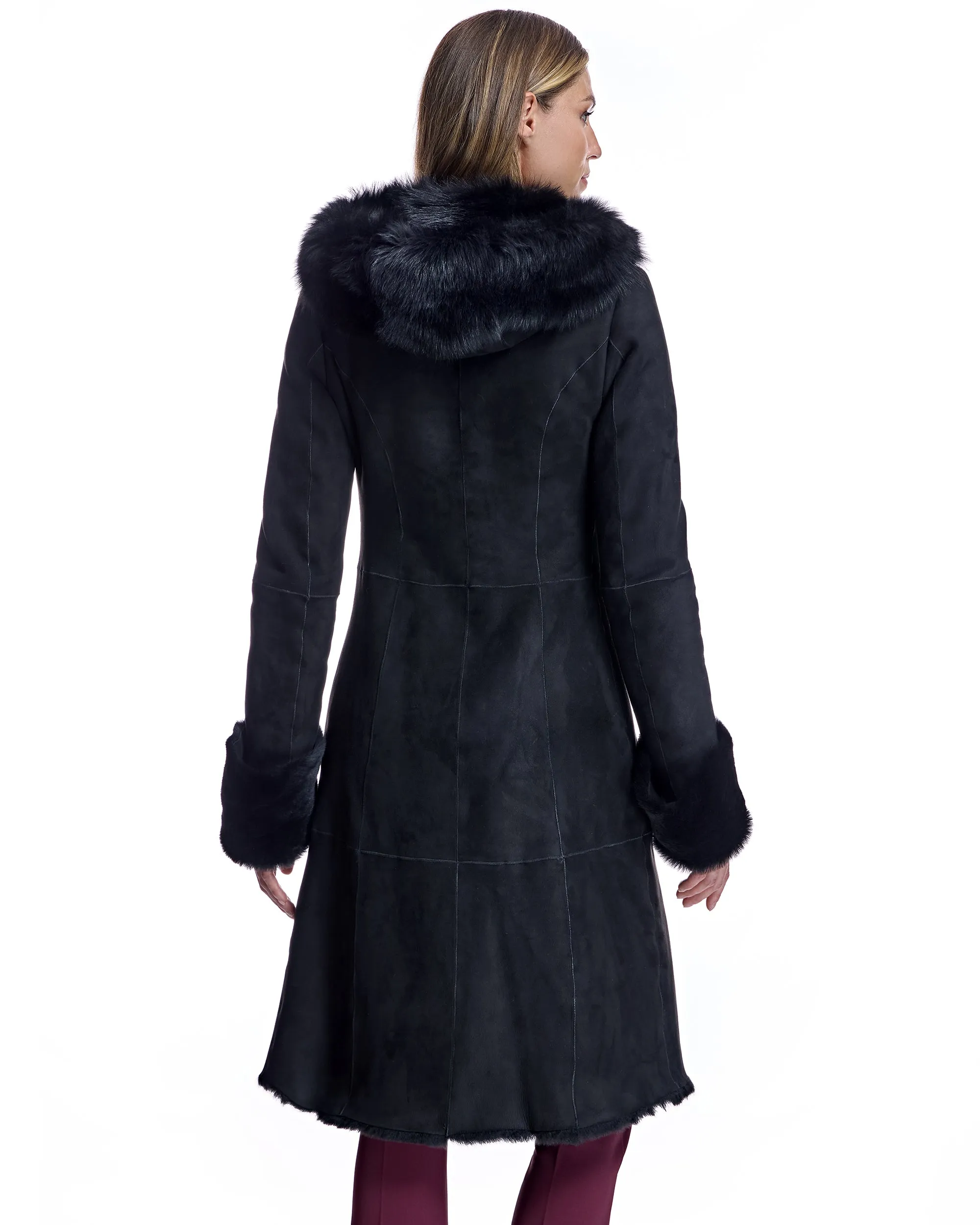 Hooded Shearling Short Coat with Ruffle Trim
