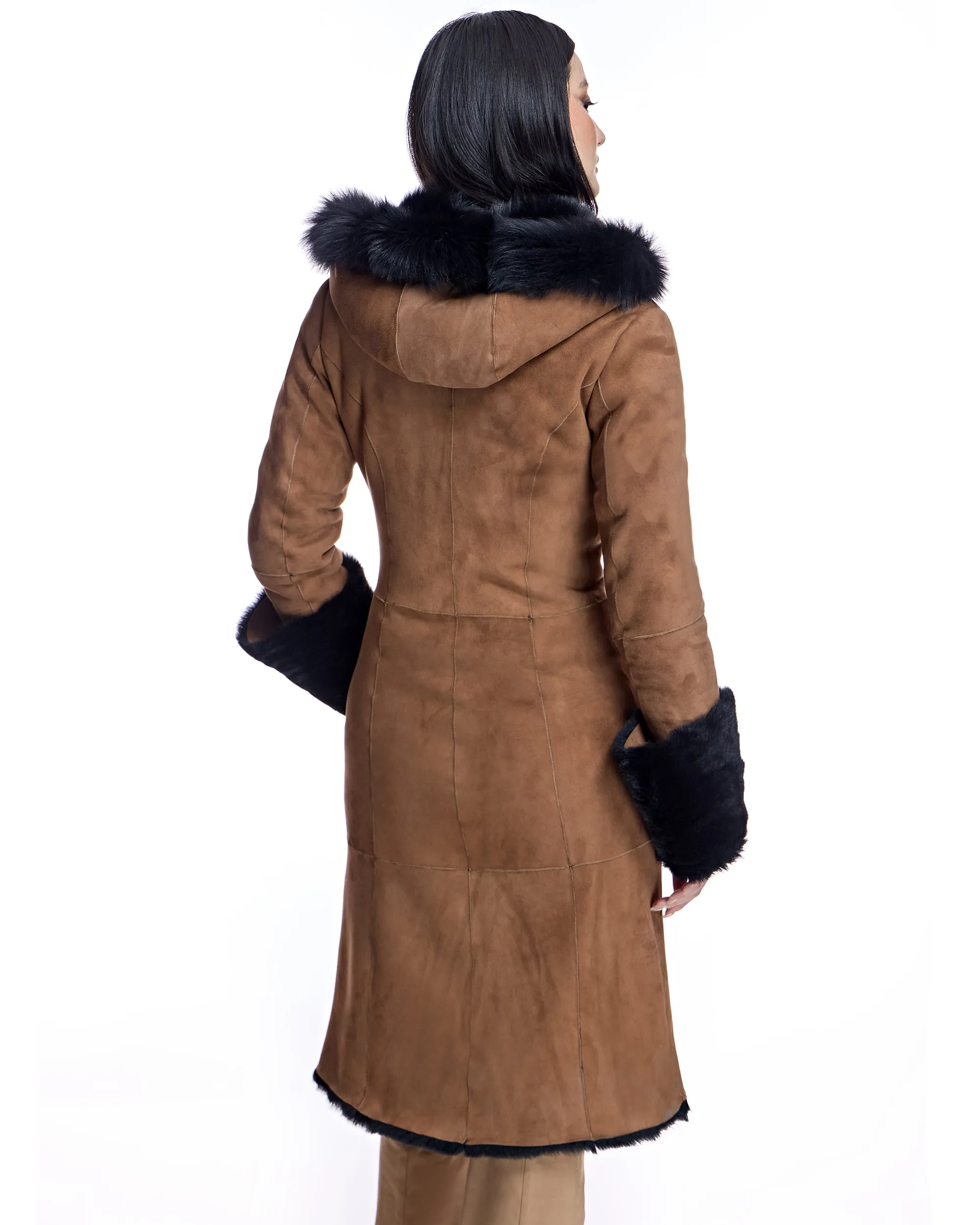 Hooded Shearling Short Coat with Ruffle Trim