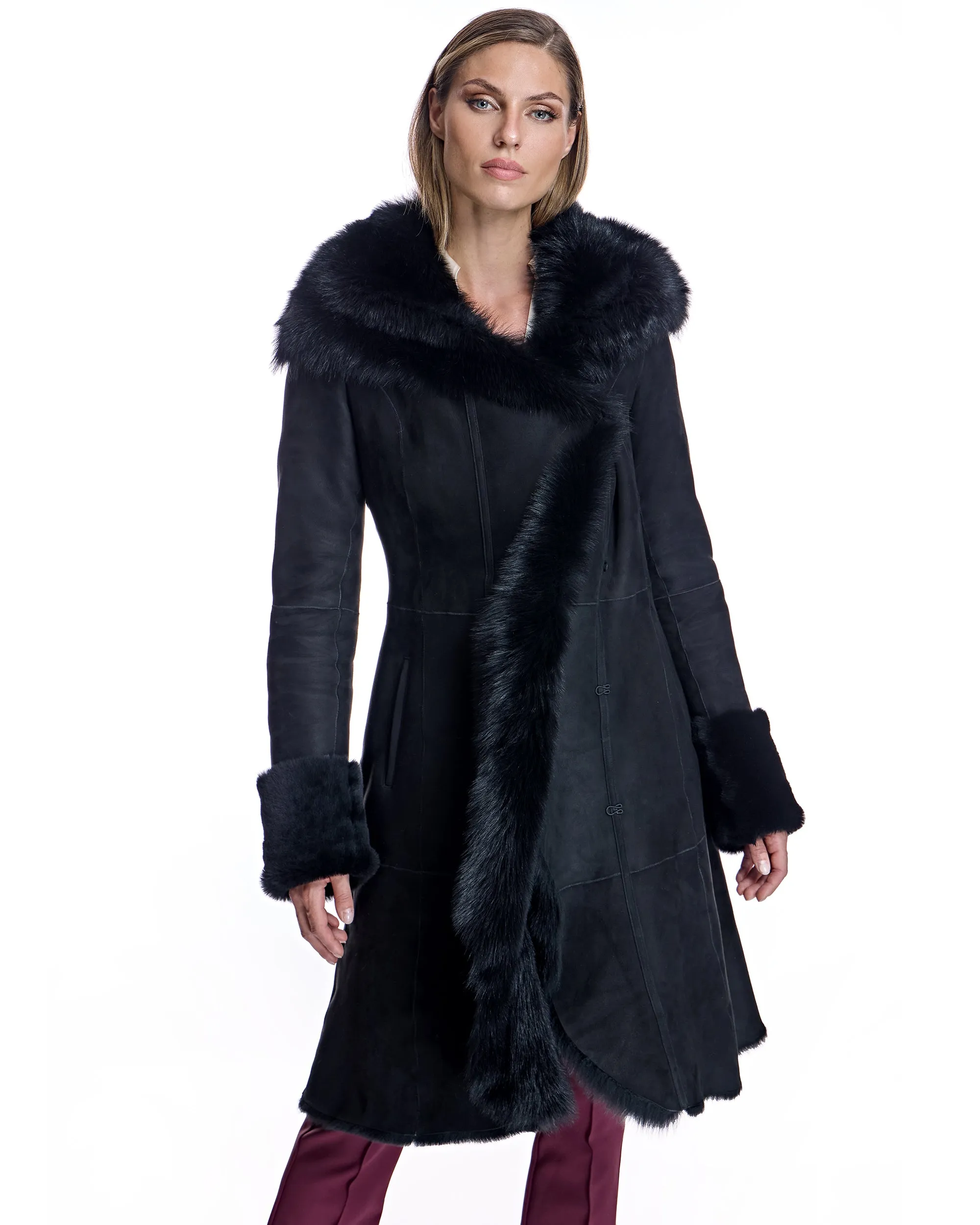 Hooded Shearling Short Coat with Ruffle Trim
