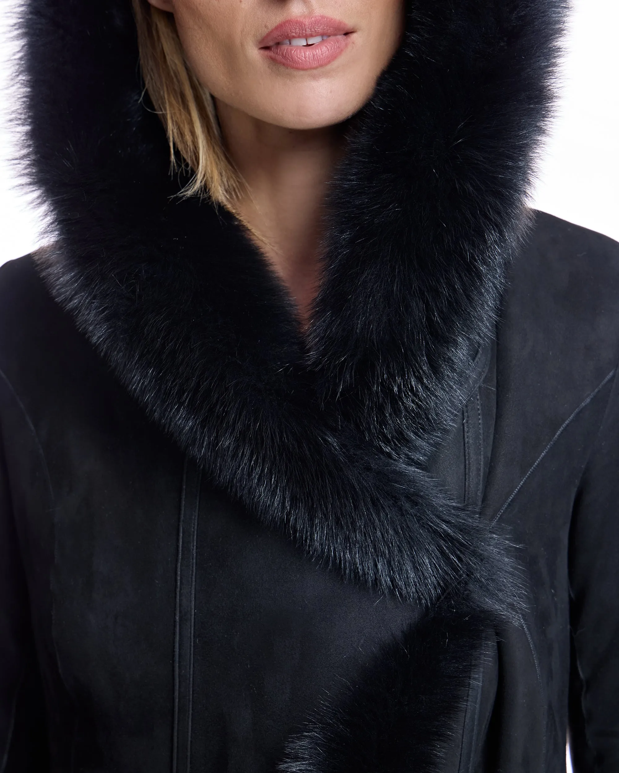 Hooded Shearling Short Coat with Ruffle Trim