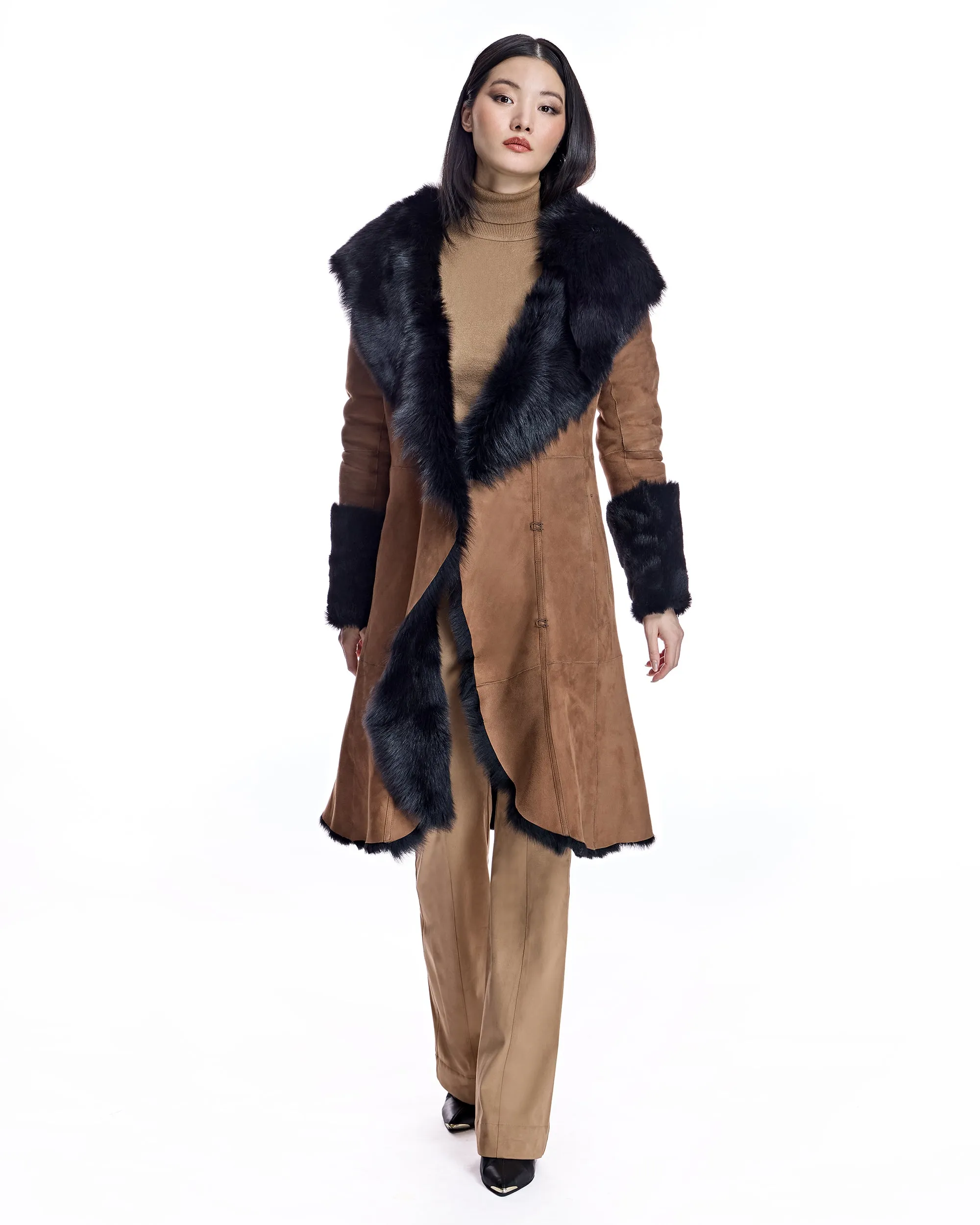 Hooded Shearling Short Coat with Ruffle Trim