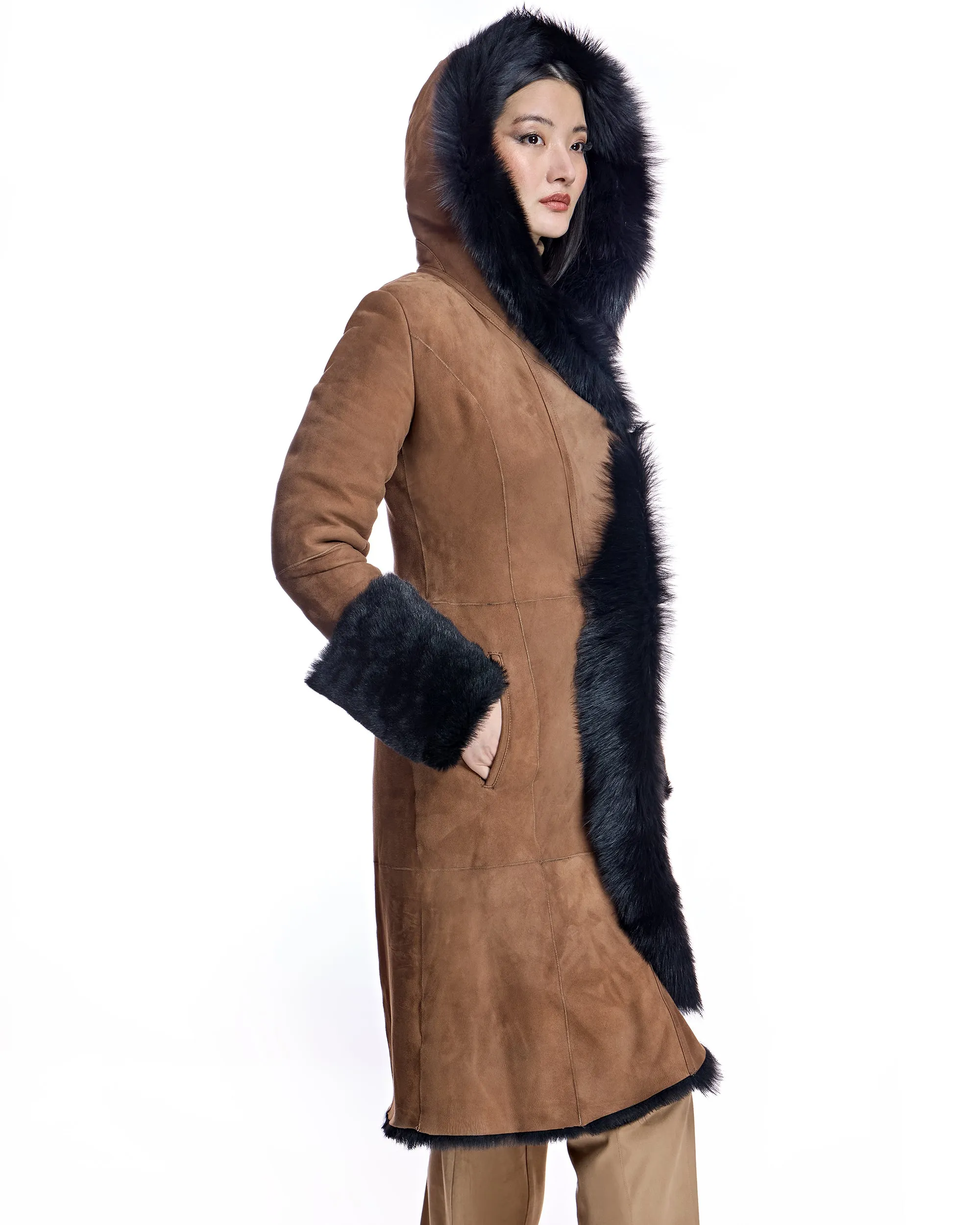 Hooded Shearling Short Coat with Ruffle Trim