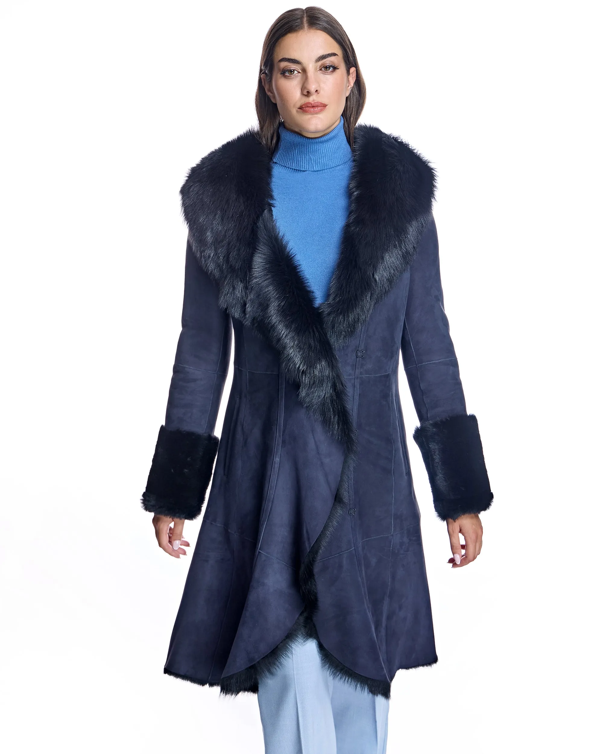 Hooded Shearling Short Coat with Ruffle Trim