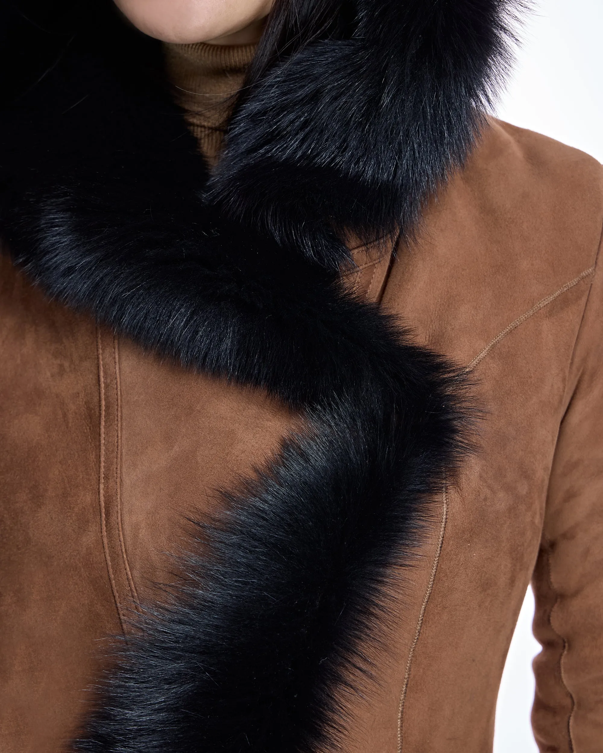 Hooded Shearling Short Coat with Ruffle Trim