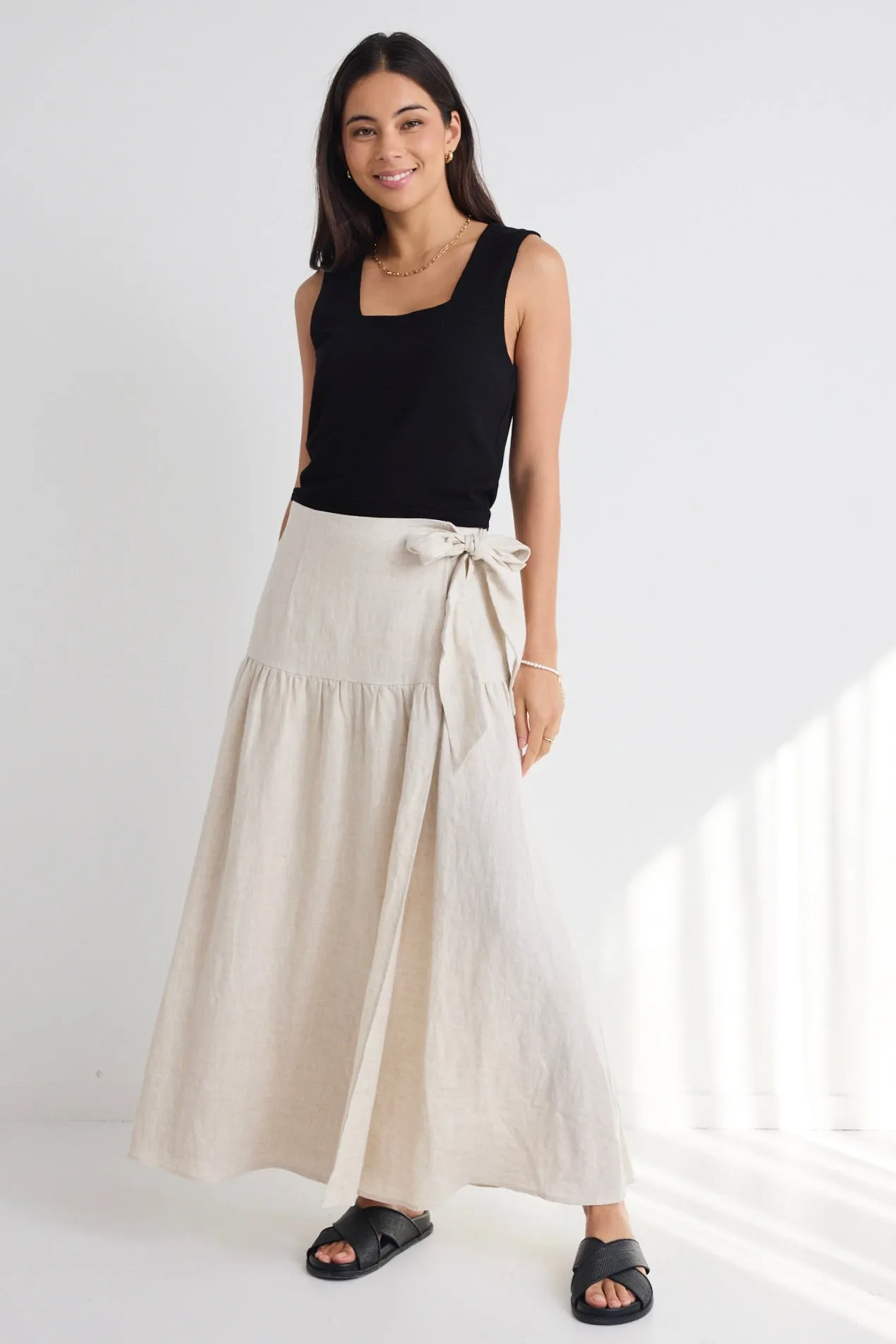 Impact Natural Linen Tiered Wrap Maxi Skirt