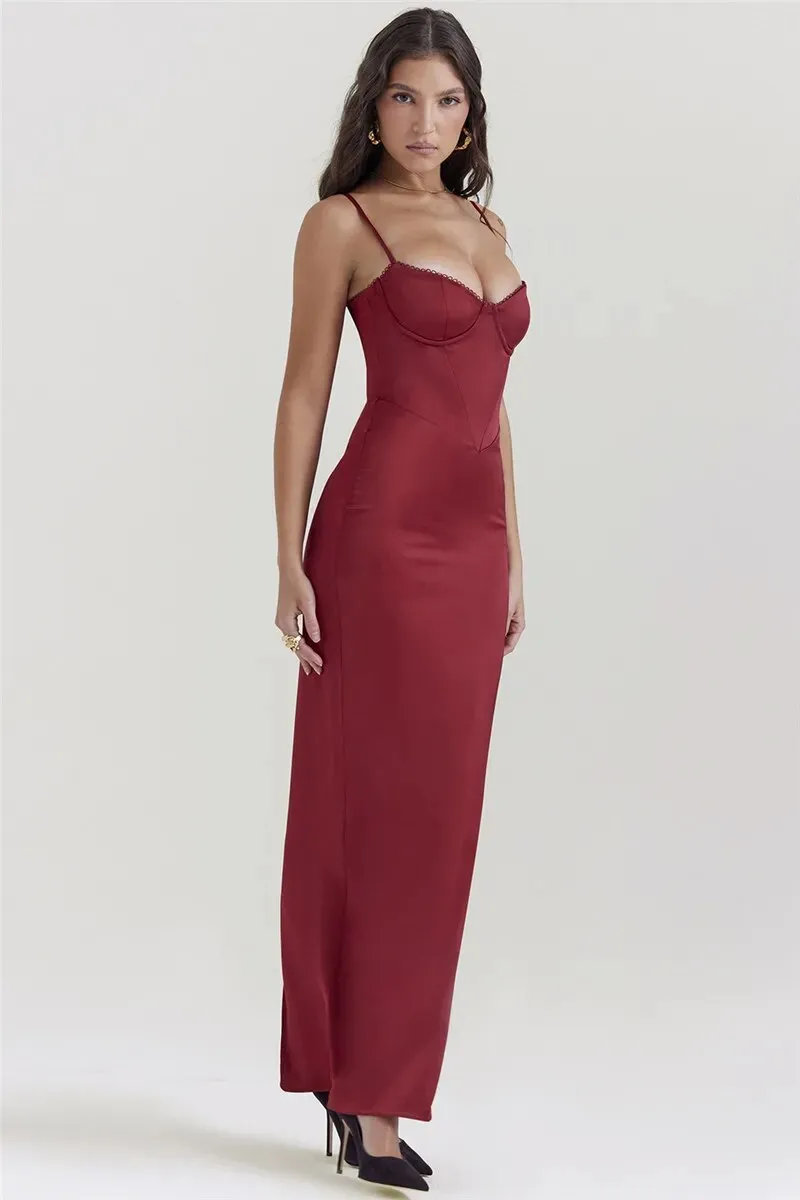 Joanna Satin Spaghetti Strap Backless Bodycon Maxi Dress