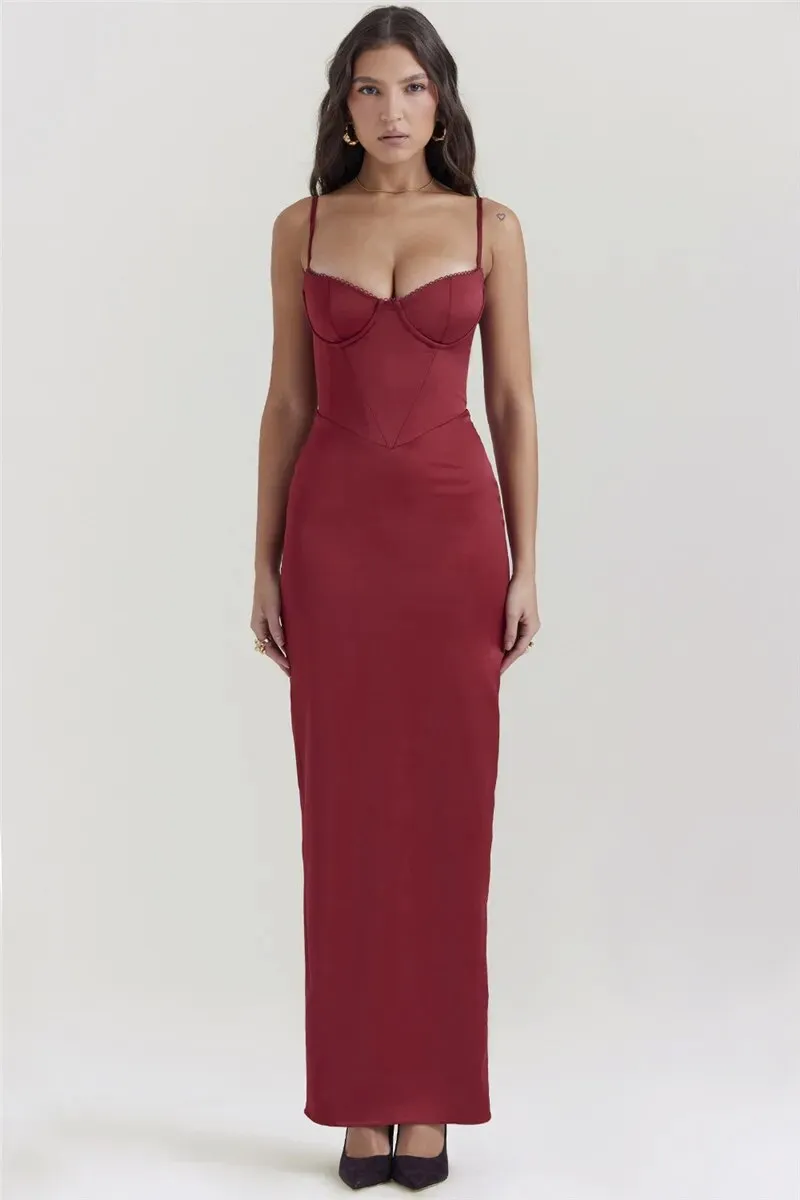 Joanna Satin Spaghetti Strap Backless Bodycon Maxi Dress