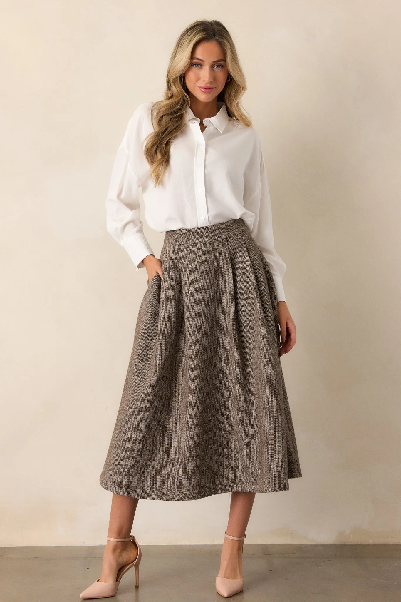 Left Unsaid Brown Herringbone Tweed Midi Skirt